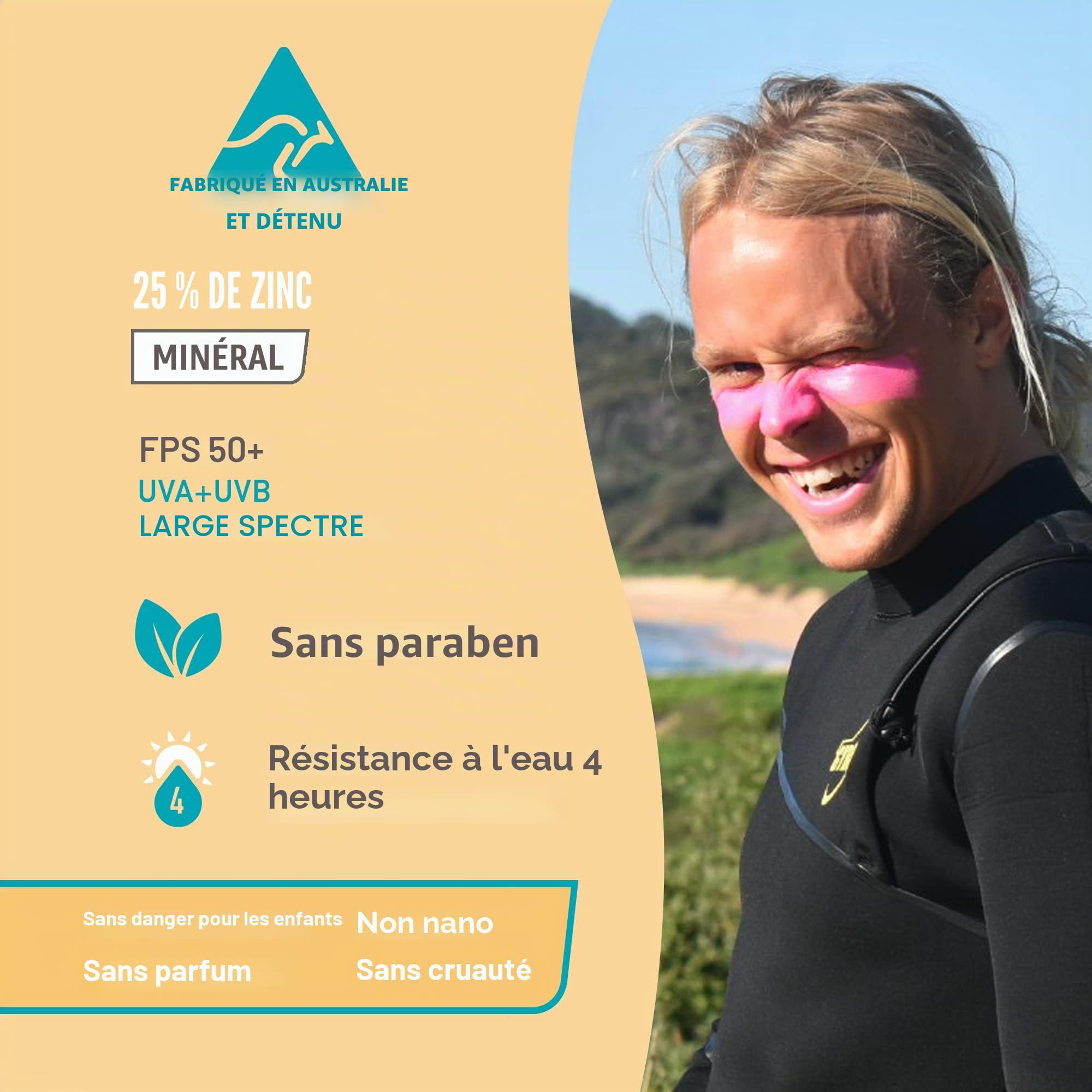 Sun Zapper Sun Block Bâtons de zinc – Pack arc-en-ciel (rose, bleu, vert, jaune) – Crème solaire colorée – Très haute protection solaire SPF50+ UVA/UVB + crème solaire pour enfants et adultes