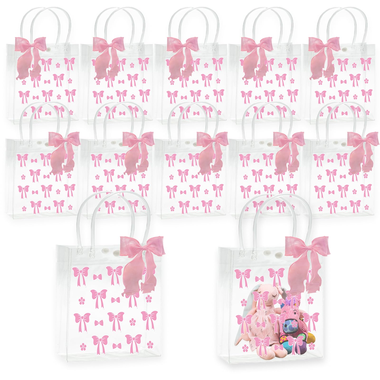 Lyosehy 10Pcs Pink Bow Clear PVC Gift Bags with Handle Ribbon Pink Coquette Bowknot Party Favor Bags Treat Tote Bag for Wedding Mother's Day