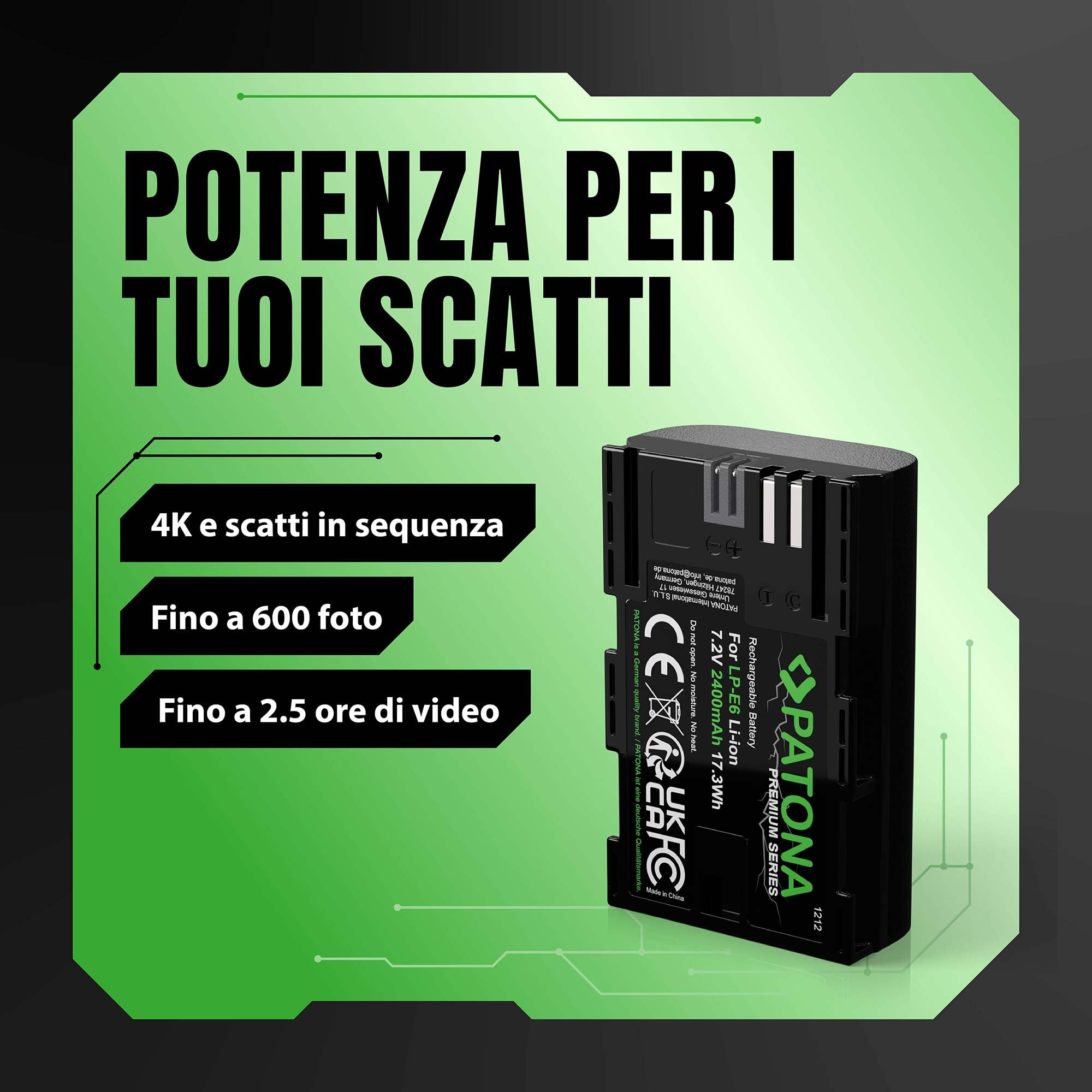 PATONA 2x Premium Batteria LP-E6 2400mAh – ricambio per Canon LP-E6 – compatibile con EOS 5D Mark II/III/IV 5DS 6D 7D 60D 70D 80D 90D R R5 R6 XC10 XC15 – per reflex e mirrorless Canon