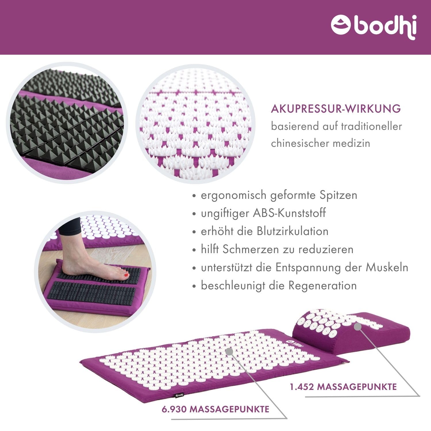 Bodhi VITAL Akupressurmatte Deluxe-Set Spiky | Fakirmatte im Set mit Nadelkissen, Fußmatte & Tasche | Selbstmassage für zu Hause | Massagematte gegen Nacken & Rückenschmerzen | aubergine