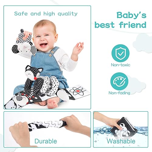 Miniatura 5 de 3 piezas de juguetes de asiento de automóvil para bebés de 0 a 6 meses, juguetes de sonajero colgantes para bebé en blanco y negro para cuna móvil,