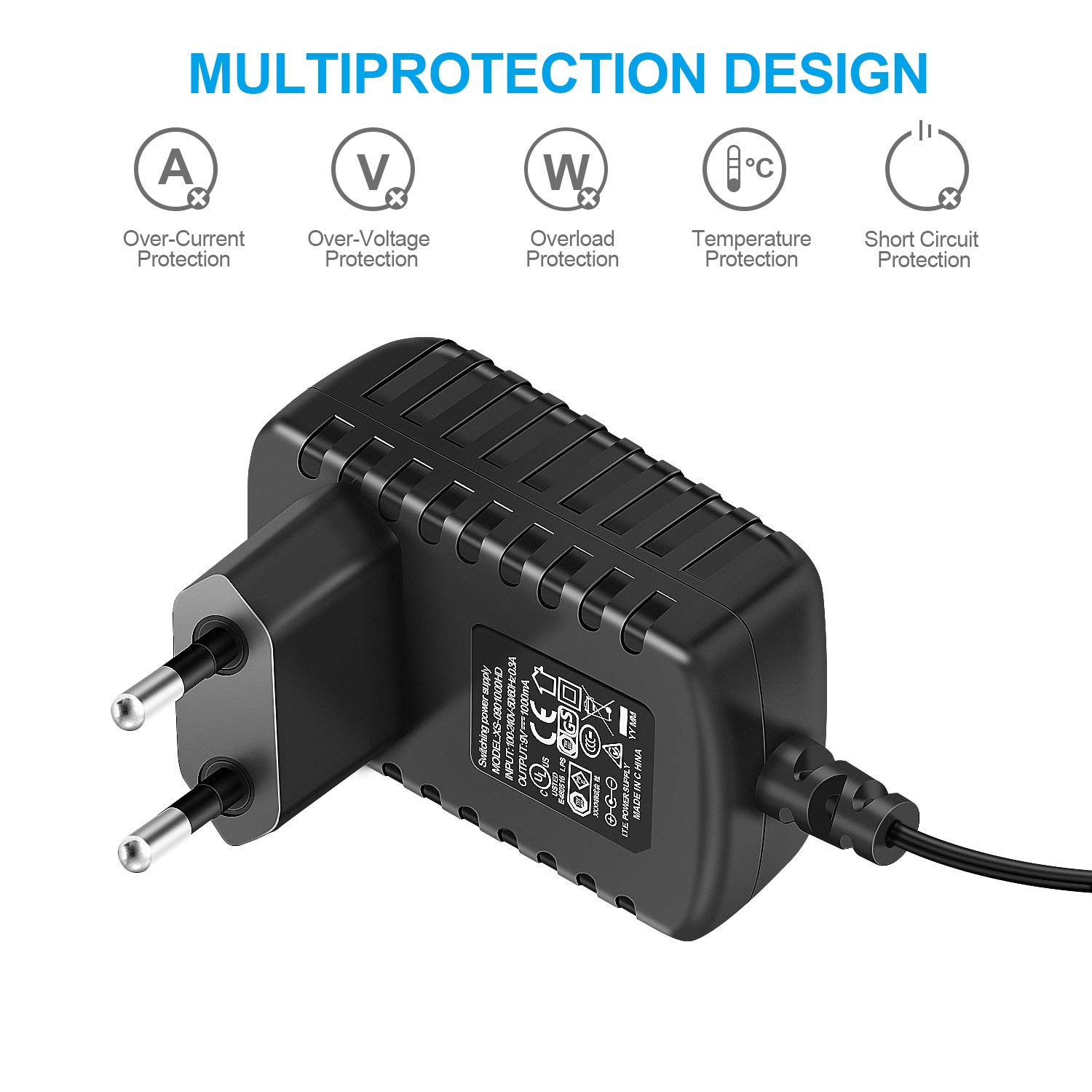 NEUMA Alimentation Adaptateur Prise UE CC 9V 1A Chargeur Secteur pour Pédale d'Effets Guitare Basse avec Câble de 5 Voies