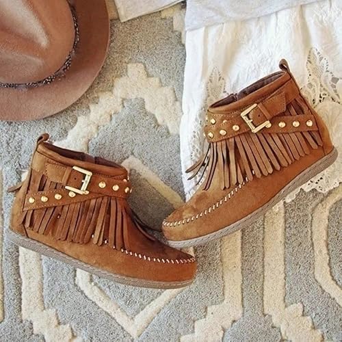 Aunthui Sursell Women's Suede Fringe Ankle Boots Round Toe Flats,Winter Warm Fashionable Western Outdoor Short Boots With Zipper (Brown,7.5,7.5) #TOP1