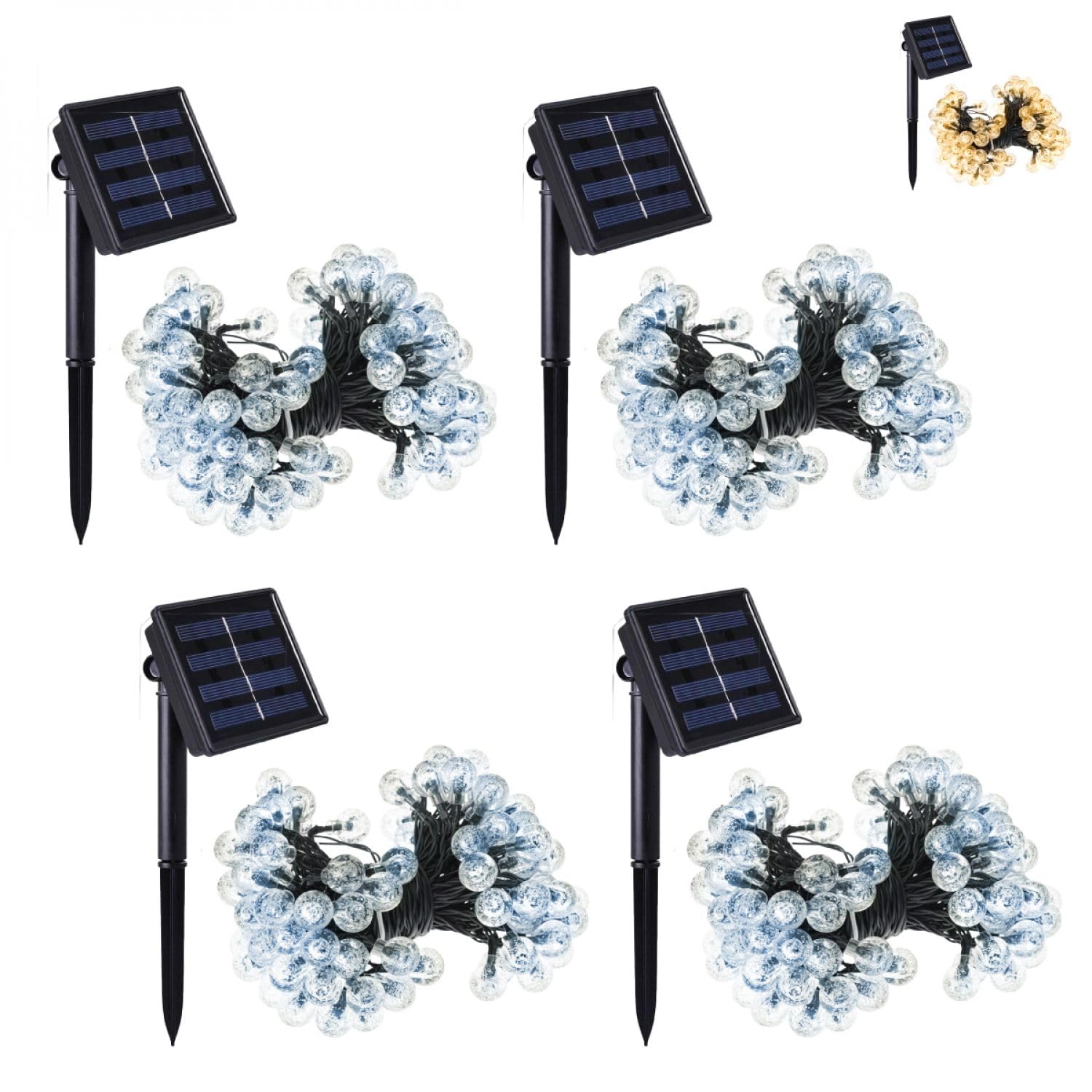 Linxor - Set di 4 ghirlande solari luminose da esterno per giardino o terrazza - Grandi lampadine LED Ø 2,2 cm, 8 modalità - 12 m - Bianco freddo