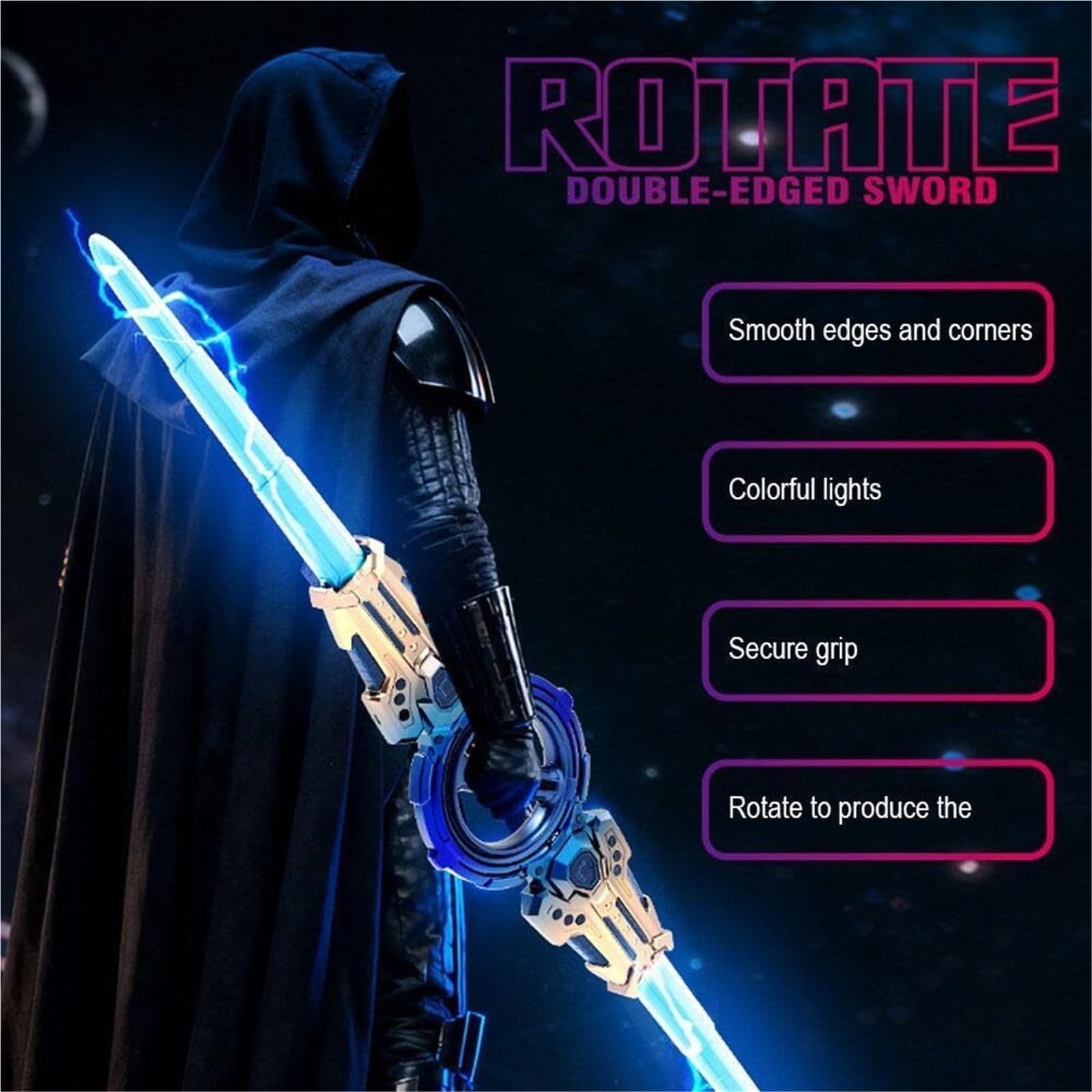 Generico Sciabola con Spada Illuminata, Spada Laser A Doppio Taglio con Spada Laser con Luci A LED, Telescopica A Doppia Testa for Le Feste(Blue Gold)