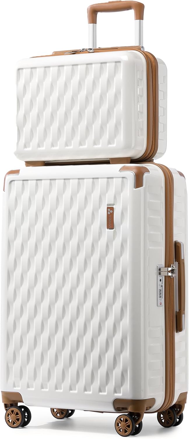Somago Luggage Sets Hardside PC ABS Lightweight Suitcase with a Cosmetic Case Spinner Wheels TSA Lock YKK Zipper Corner Protection Ice Crackle (White, Carry-on 2 pcs(13/20in))