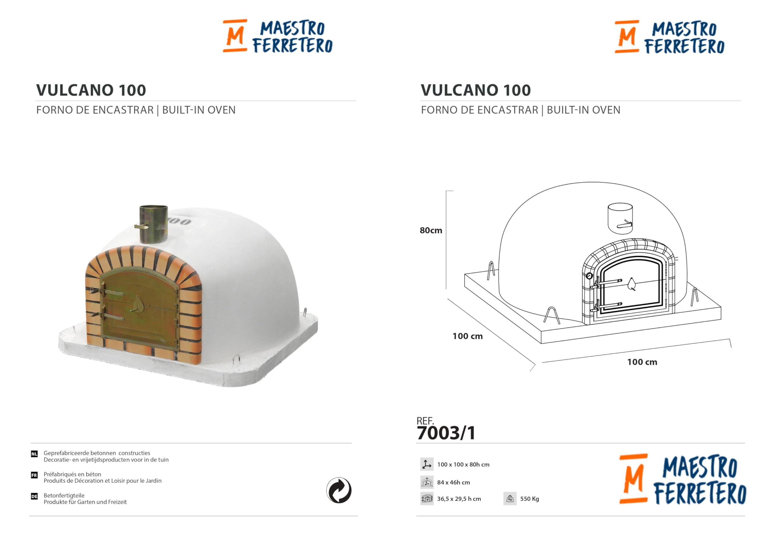 MOVELAR - Four à Bois Extérieur VULCANO (Blanc - 100 x 100 x 80 cm) - Four traditionnel extérieur, non isolé, béton réfractaire, cuisson feu bois, idéal terrasse et jardin