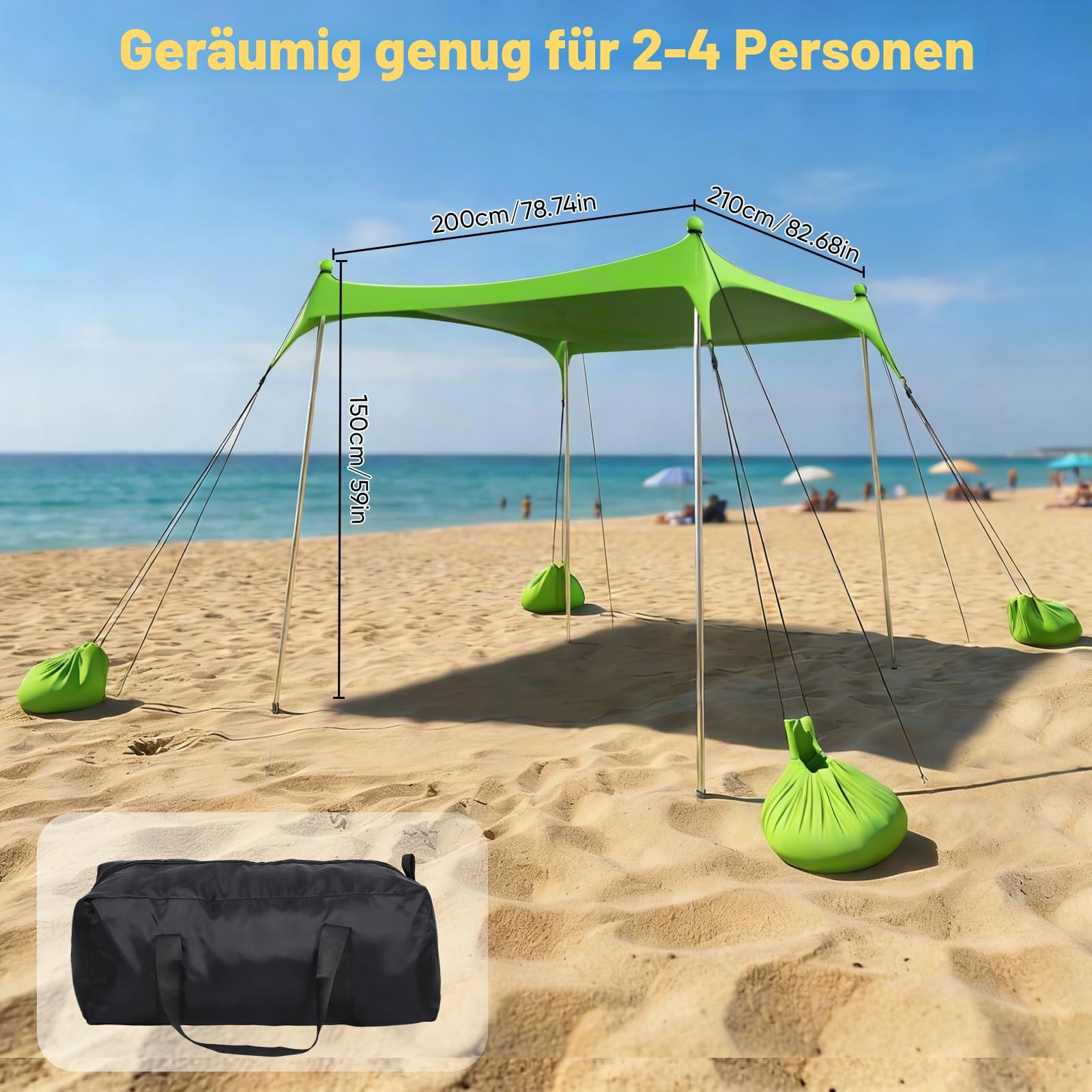 2,1 x 2,1 m Strandmuschel UPF 50+, Tragbares Strandzelt für 2-3 Personen, Sonnenschutz-Zelt Sonnensegel mit Gestänge, Heringen, Seilen & Tragetasche für Strand, Camping, Picknick, Grün