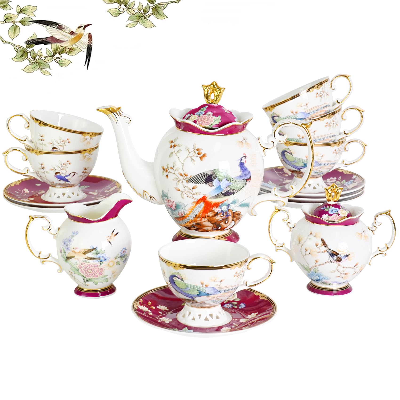 ACMLIFE China Tea Set for Adults with Teapot, Porcelain Tea Party Sets 21-Piece Vintage Floral Fine Bone China Tea Set for 6, English Tea Sets 24K Gold Bone China Tea Pot and Cups for Christmas Gifts