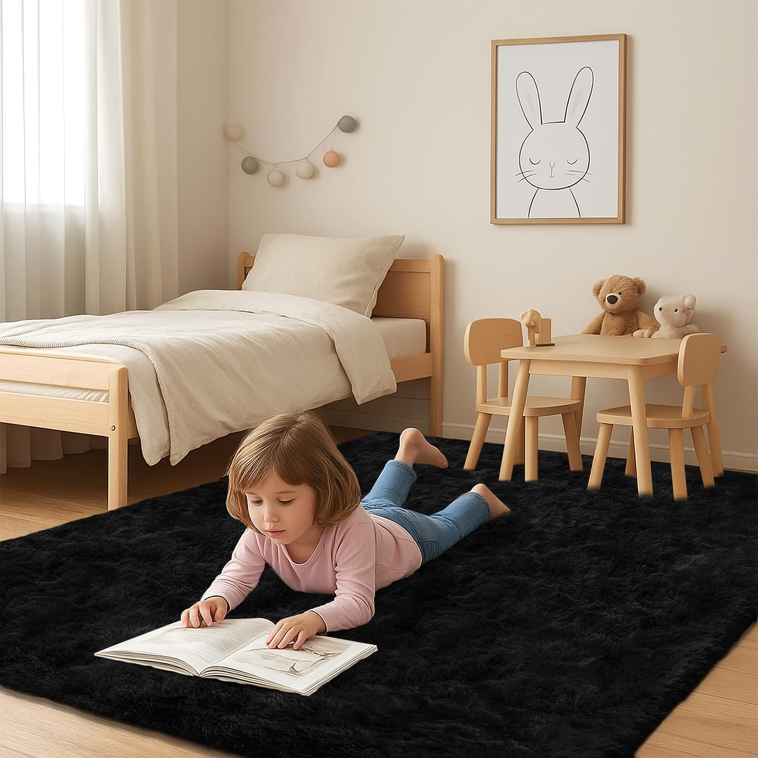 Hochflor Wohnzimmer Teppich, Flauschig Waschbar rutschfest Moderne Teppiche Groß für Schlafzimmer Büro Esszimmer Kinderzimmer Spielzimmer, 160x230 cm, Schwarz