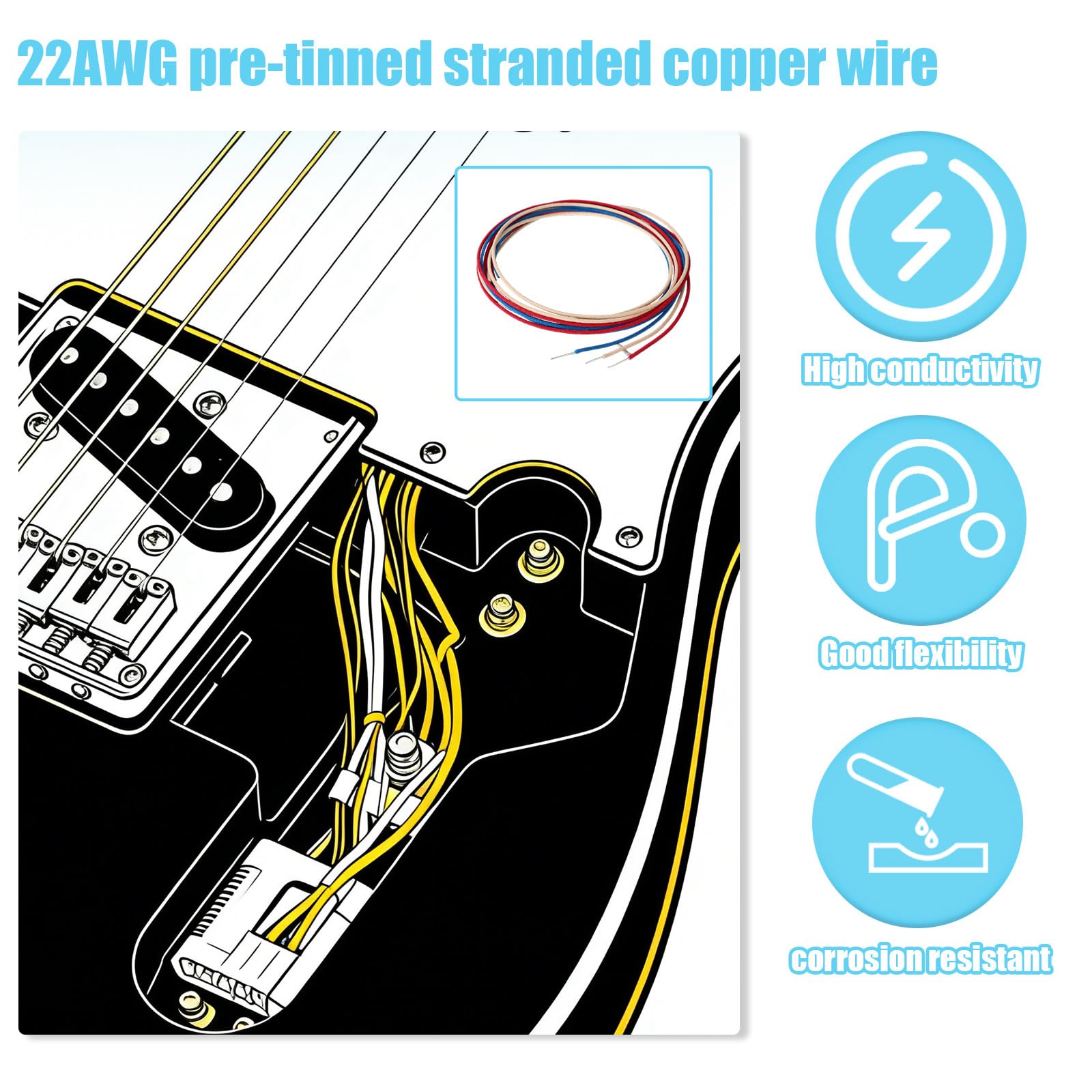 4,5m Tkanina Pokryty Pushback Gitara Przewód Zestaw, 3szt Vintage Styl Wosk Pleciony Okablowanie Zestaw do Gitary Elektrycznej Ulepszeń i Napraw (1,5m Czerwony/Niebieski/Biały)