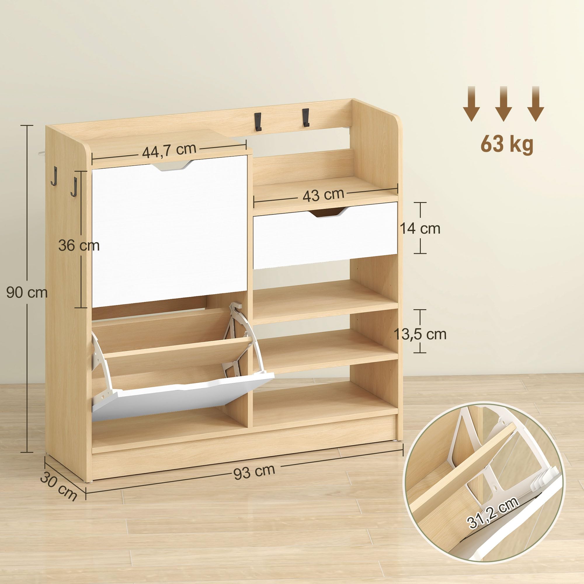 HOMCOM Schuhschrank mit 2 Klappen, Multifunktional Schuhkipper, Schuhregal mit offenen Fächern, verstellbar Trennwand, Haken Schuhkommode für 14 Paar Schuhe 93 x 30 x 90 cm, Natur