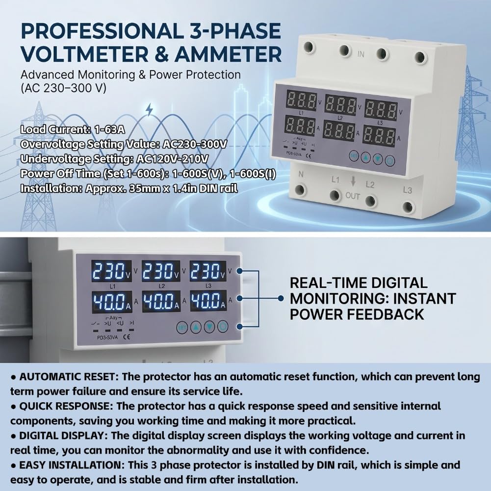Tester Multifase per Voltmetro Amperometro su Guida DIN, Protezione da Sovracorrente Automatica da Sovratensione AC 390‑500V(40A)