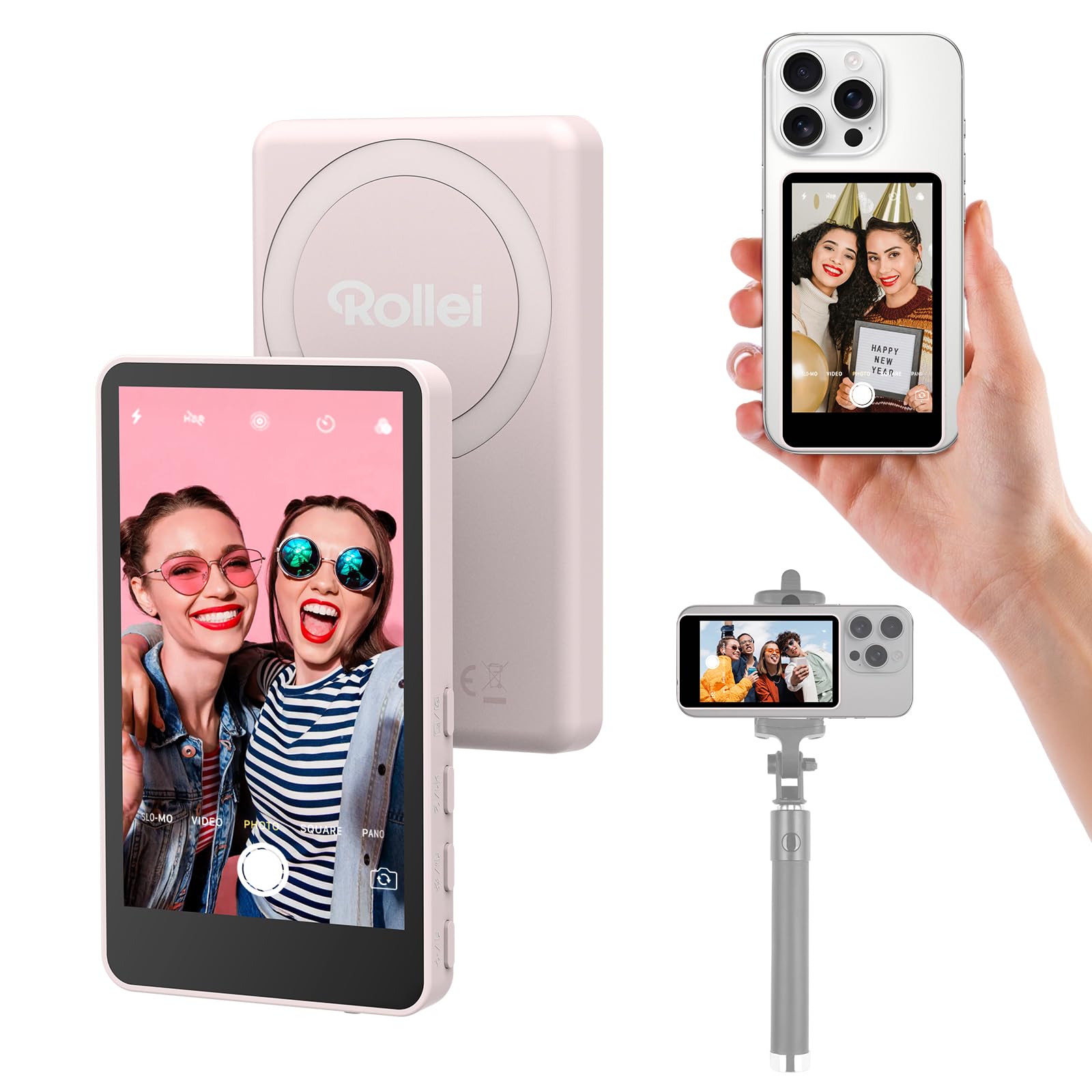 Rollei Easy Creator Selfie Monitor Magnetyczny ekran do vlogowania z tylną kamerą kompatybilny ze smartfonami iPhone i Android do TikTok Live Stream YouTube Różowy