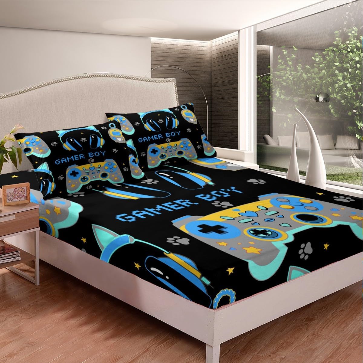Feelyou Cartoon Gamer Boy Bedding Sheets Twin Cute Black Gamer Bed Sheet Set for Kids Teens Cat Headphones Fitted Sheet Game Room Decor Bed Cover 2Pcs,1 Fitted Sheet+1 Pillow Sham（No Flat Sheet）