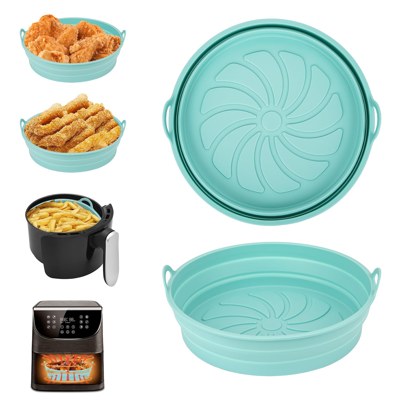 Alyvisun Air Fryer Silicone Liners, 2PCS Reusable Airfryer Accessories Basket Foldable Baking Tray Inserts Versatile Round Rack Pot for Microwave, Oven (Blue)