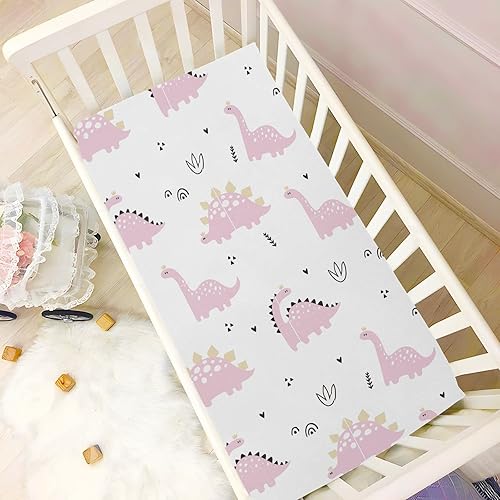 Miniatura 6 de Sábanas bajeras ajustables para cuna, diseño de dinosaurios rosa bebé, sábanas portátiles elásticas y portátiles para bebé pequeño, colchón de