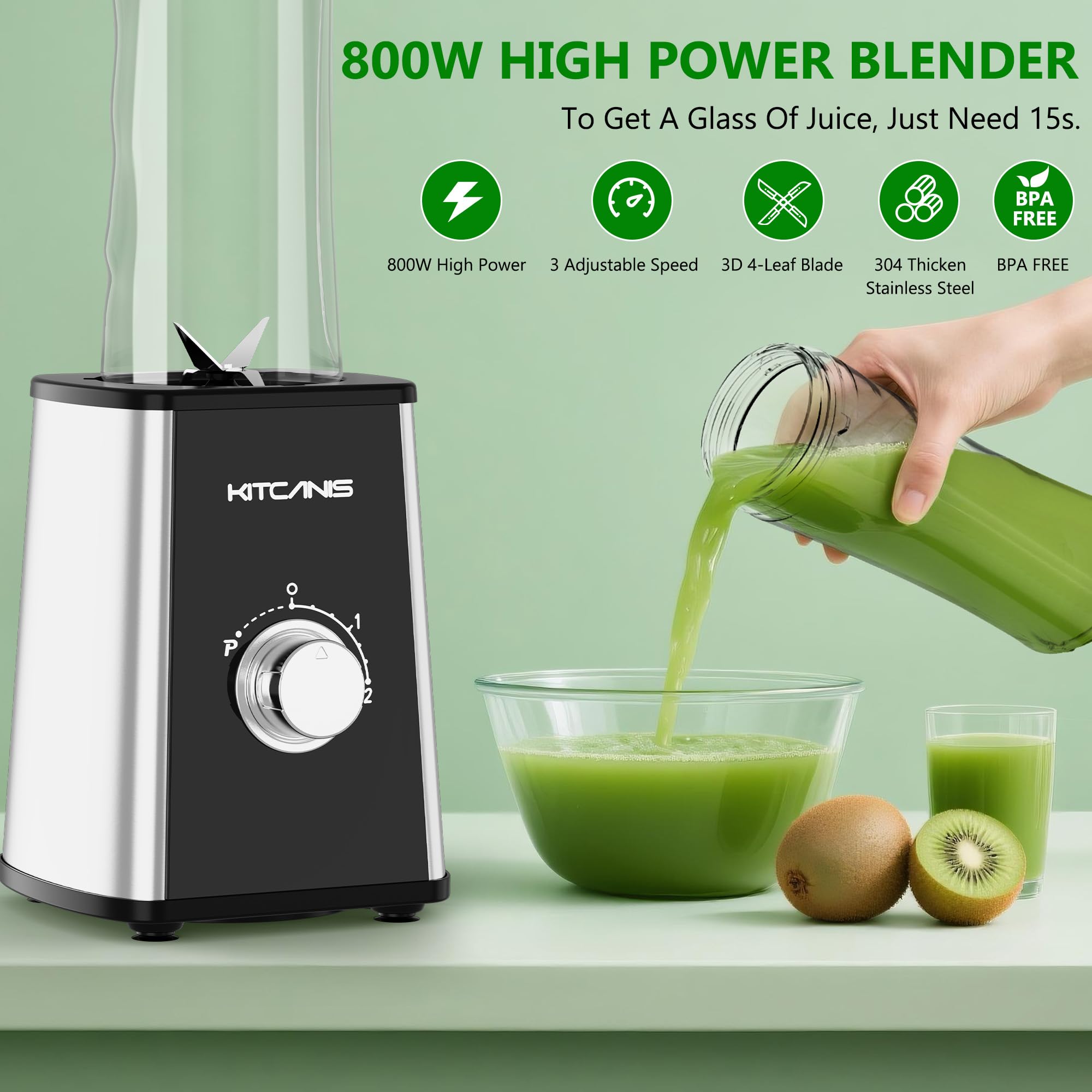 Kitcanis Mini Batidor 3 en 1, Batidora Eléctrica 800 W, 3 Velocidades Ajustables, 2 Botellas Portátiles de 600 ml y 300 ml para Helado, Frutas, Verduras, Nueces