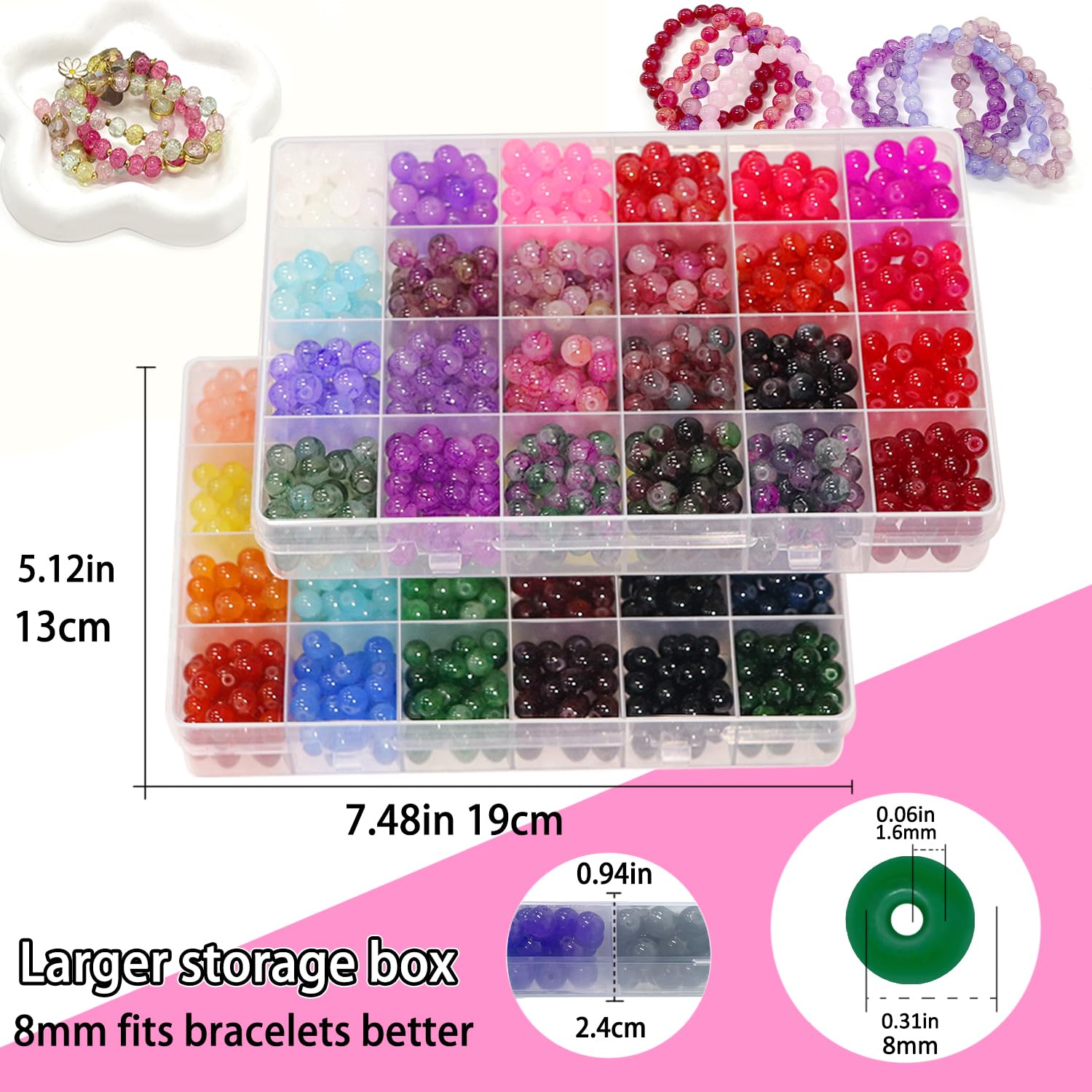Perles en verre rondes de 8 mm pour bracelets, 2 000 pièces, 48 couleurs, kit de fabrication de bracelets en verre cristal pour la fabrication de bijoux, perles et loisirs créatifs avec