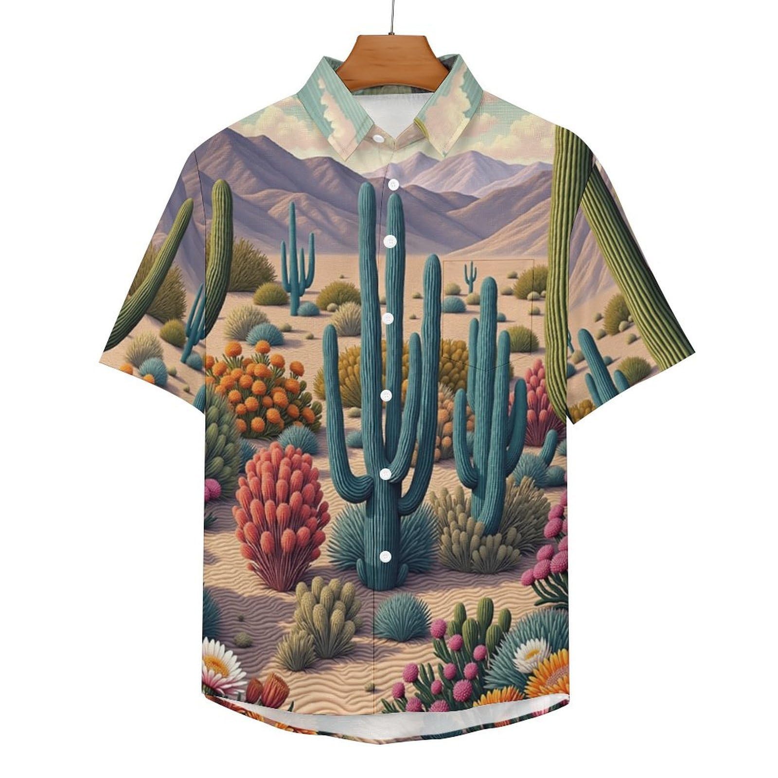 Camicie a Maniche Corte da Uomo - Camicie da Spiaggia con Stampa Illustrazione di Cactus del Deserto Paesaggio, Funky Estiva Cool Camicia Hawaiana Monopetto Camicia S-5XL