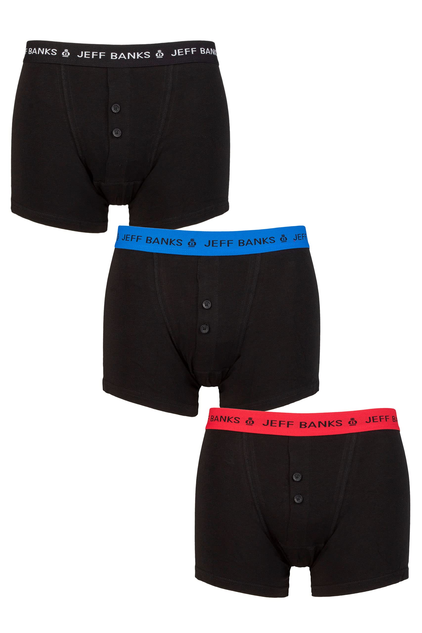 Jeff Banks Men's Black Red / Blue / Black 3 Pack Marlow Buttoned Boxer Shorts Red/Blue/Black M