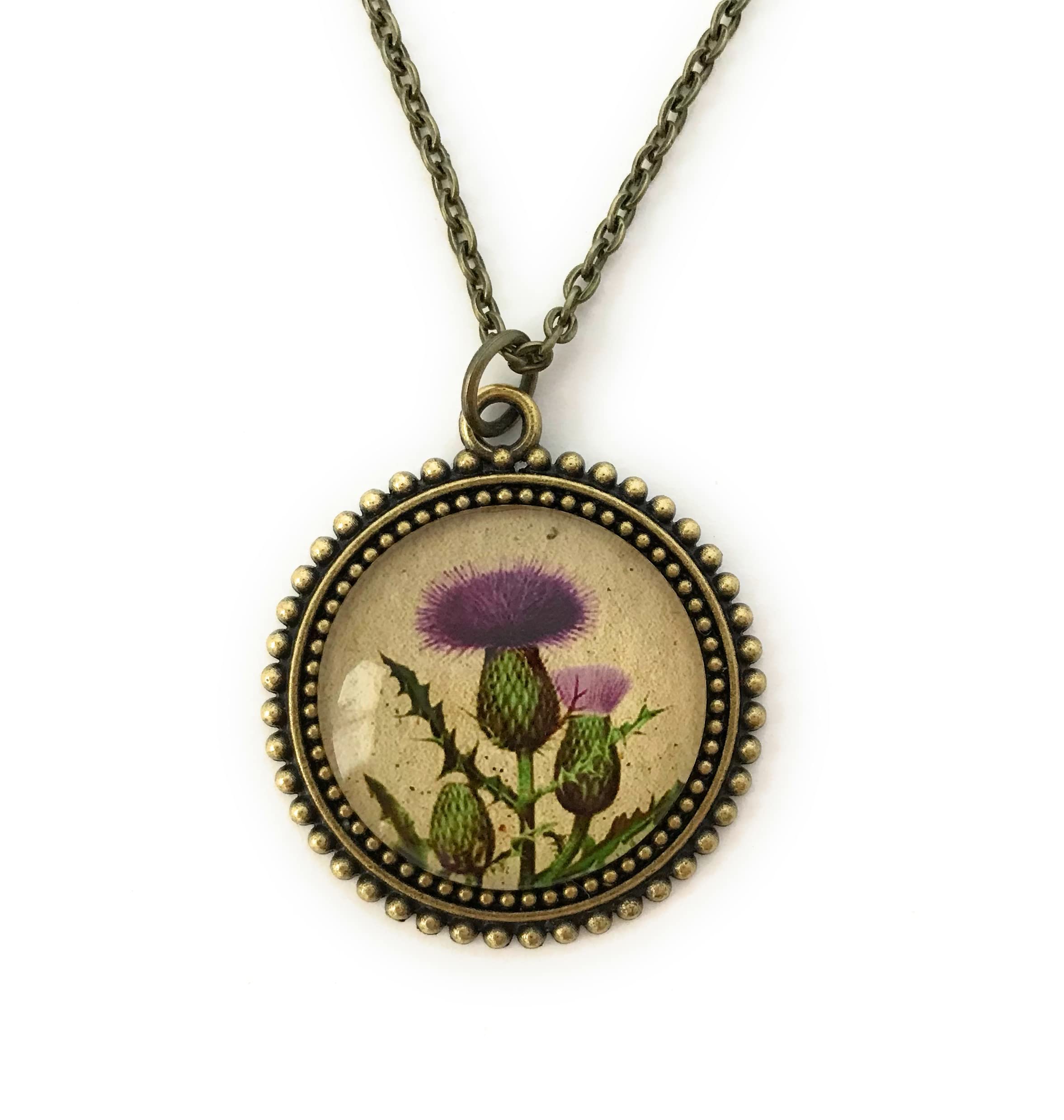 Scottish Thistle Necklace - Handmade Vintage Flower Print Pendant for Women