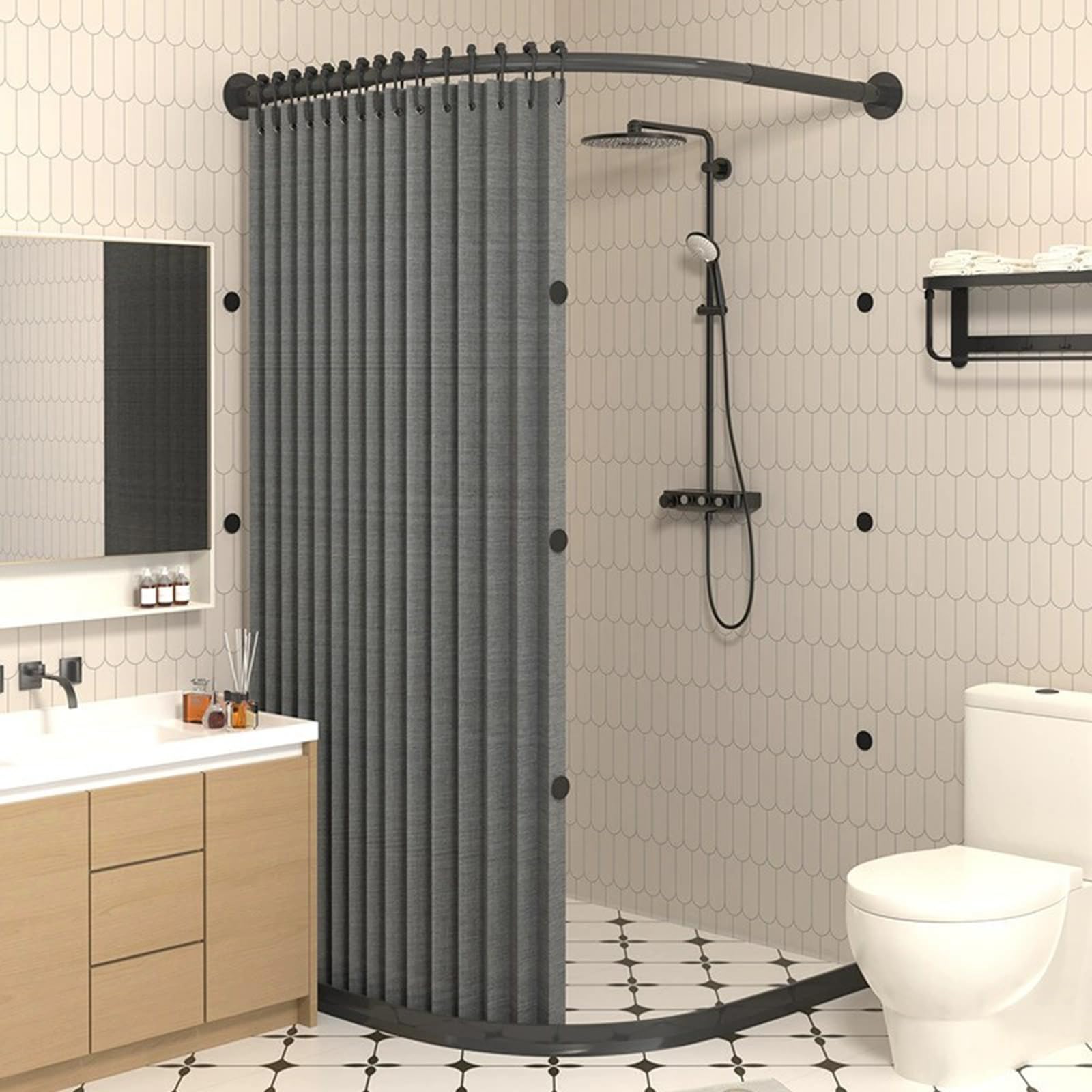 GLDYTVF Curved Shower Curtain Set, Foldable Magnetic Shower Curtain, Waterproof Corner Divider with Curved Rod & Water Retention Strip (X85~90cm x Y85) for Bathroom