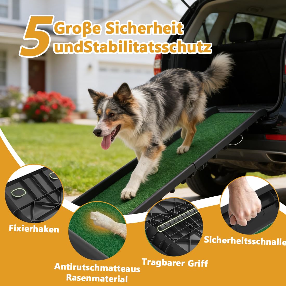 Hunderampe 156x40cm Klappbare für Auto, Hundetreppe Hunde Rampe Katzentreppe, Tragbare Kofferraumrampe mit Rutschfester Oberfläche, bis 90 kg
