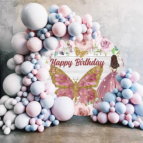 Miniatura 2 de Leyiyi Telón de fondo redondo de 6.5 x 6.5 pies, diseño de flores de acuarela rosa, mariposa, fondo de círculo de madera rústica, para niñas y