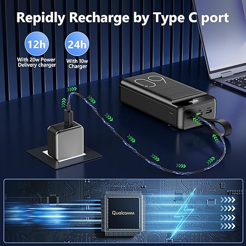 Miniatura 8 de Power Bank 60000mAh 22.5W Cargador portátil de carga rápida con linterna, 4 salidas y 3 entradas pantalla LED, gran capacidad, batería externa para