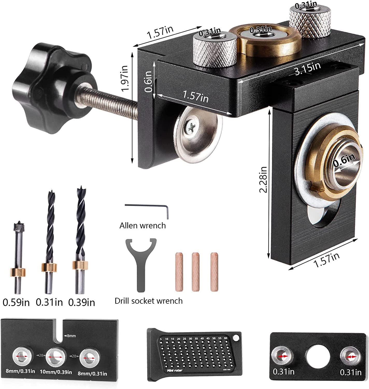 Dima Fori a Tasca Kit 8/10/15mm,Aomdom 3 in1 Dima per spinatura legno per la lavorazione del legno con clip di posizionamento di regolabile Localizzatore Guida di Perforazione Regolabile