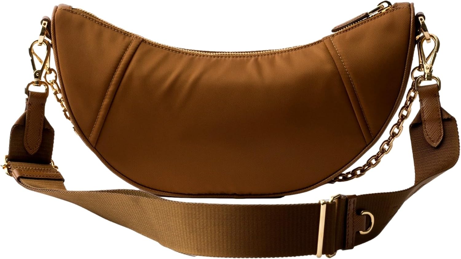 Prada Demi Lune Re-Nylon Crescent Shoulder Bag Brown 1BH222 Gold Hardware Triangle Logo Nylon Chain Strap Italy Luxury Designer Handbag with Dust Bag & Authenticity Cards | Demi Lune