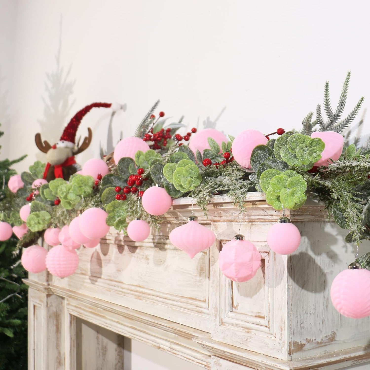 Super Holiday Velvet Christmas Ornaments Set, 35PCS Flocked Shatterproof Assorted Hanging Xmas Tree Ball Decorations, for Home Party Holiday Decor, Pink - Image 5