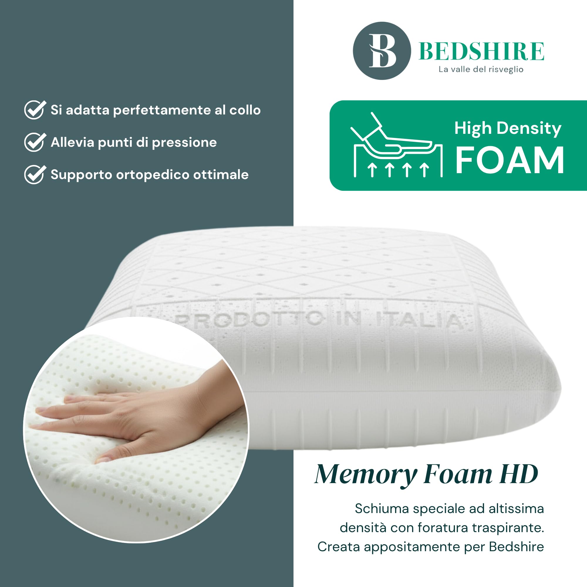 Bedshire Pillow Coppia Cuscini Cervicale Ortopedico Guanciali con Imbottitura in Memory Foam HD e Federa in Cotone Sfoderabile Alti 13 cm da Letto Ergonomico per Collo Made in Italy 100%