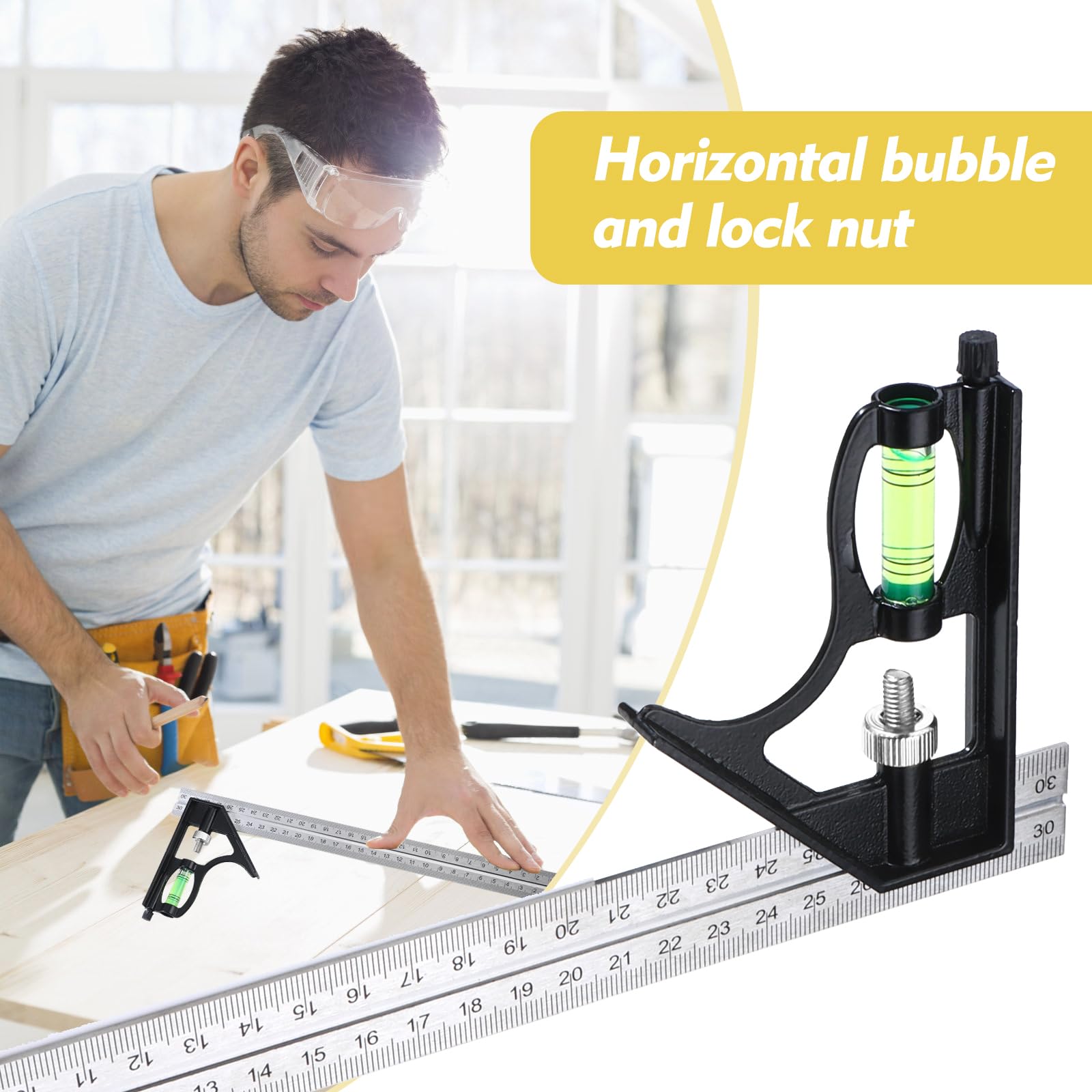 Squadra Combinata Regolabile 300mm - Acciaio Inox, Livella A Bolla, Per Falegnameria - Foto 6