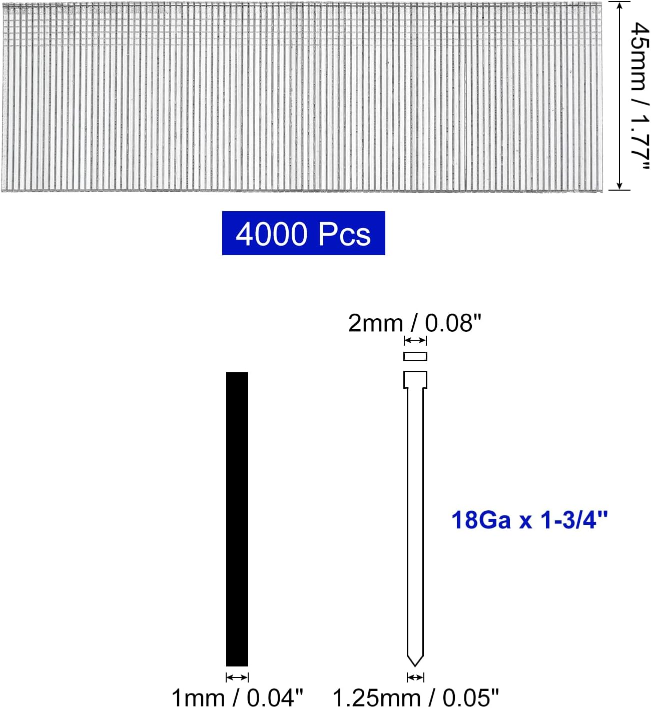 uxcell 4000Pcs 18 Gauge Brad Nails, 1-3/4" Length Straight Finish Nails, Galvanized Carbon Steel Nails for Woodworking Construction, Silver Blue