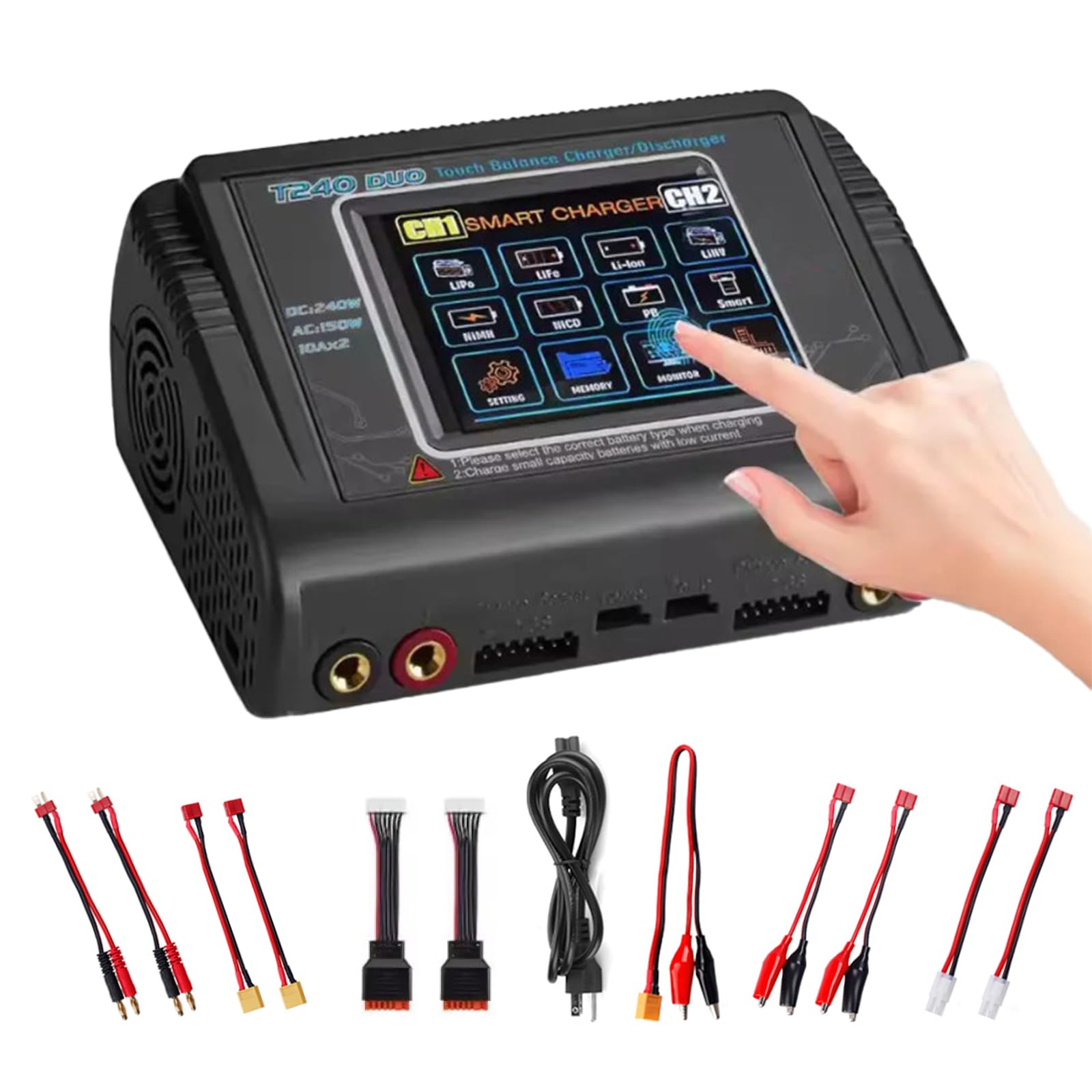 Cargador de batería T240 para LiPo/LiHV/LiFe/NiMH/NiCd, pantalla táctil grande de 3.2 pulgadas y doble puerto disponible, entrada CA/CC y corriente ajustable de 0.1-10 A