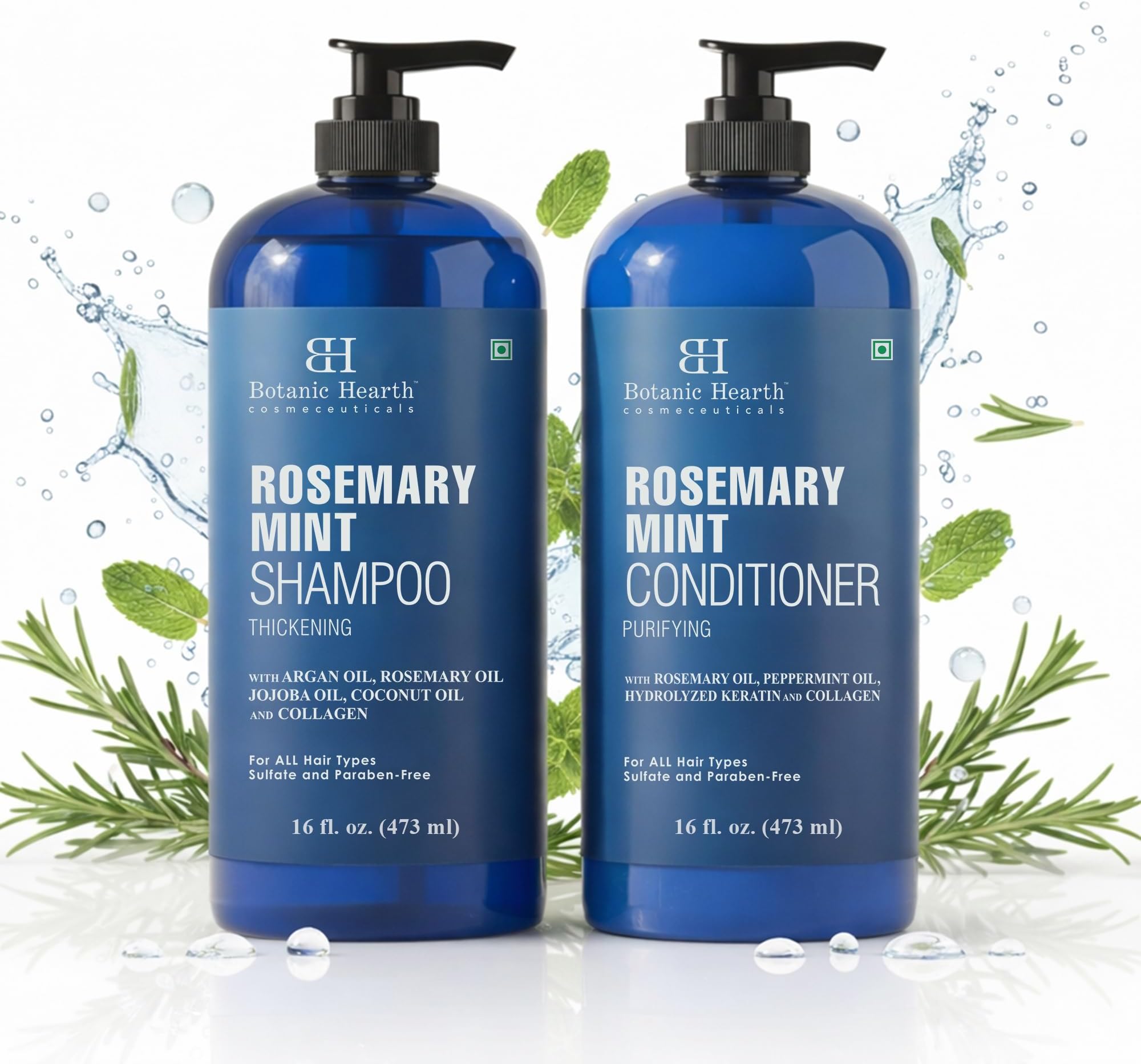 Rosemary Mint Shampoo and Conditioner Set, Thickening Formula, Promotes Hair Growth and Scalp Health Sulfate Free & Paraben Free, for Men & Women - 16 fl oz each