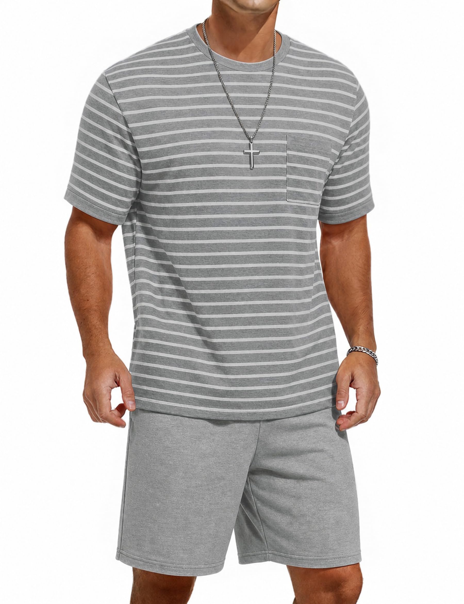 Jahetuul Schlafanzug Herren Kurz aus Baumwolle Sommer mit Kontraststreifen Design Pyjama Herren mit Rundhalsausschnitt Pyjama Herren Kurz für Vater und Partner