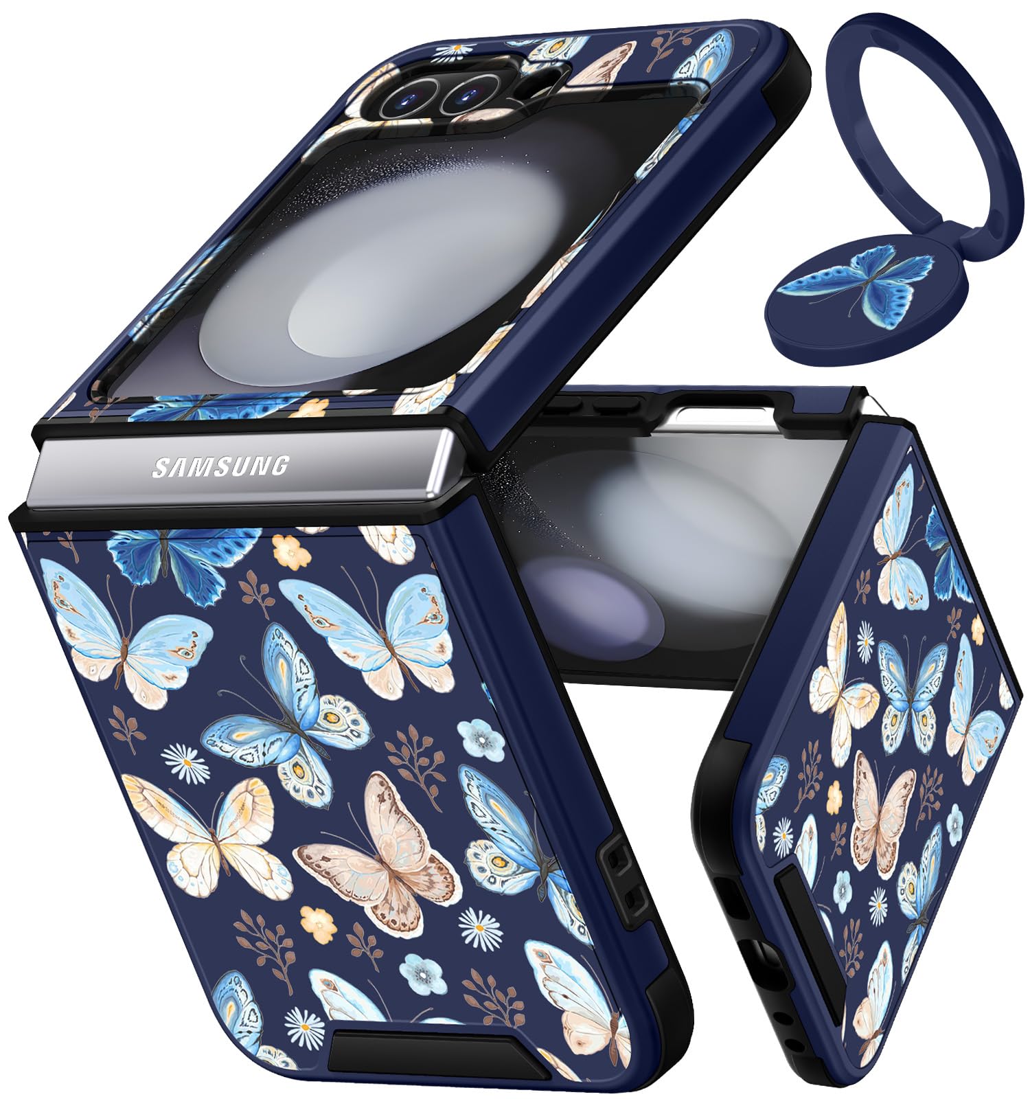 Funermei for Samsung Galaxy Z Flip 5 Case - Butterfly Women Girls Cute Phone Cover Girly Pretty Aesthetic Blue Design with Ring Stand Luxury Fashion