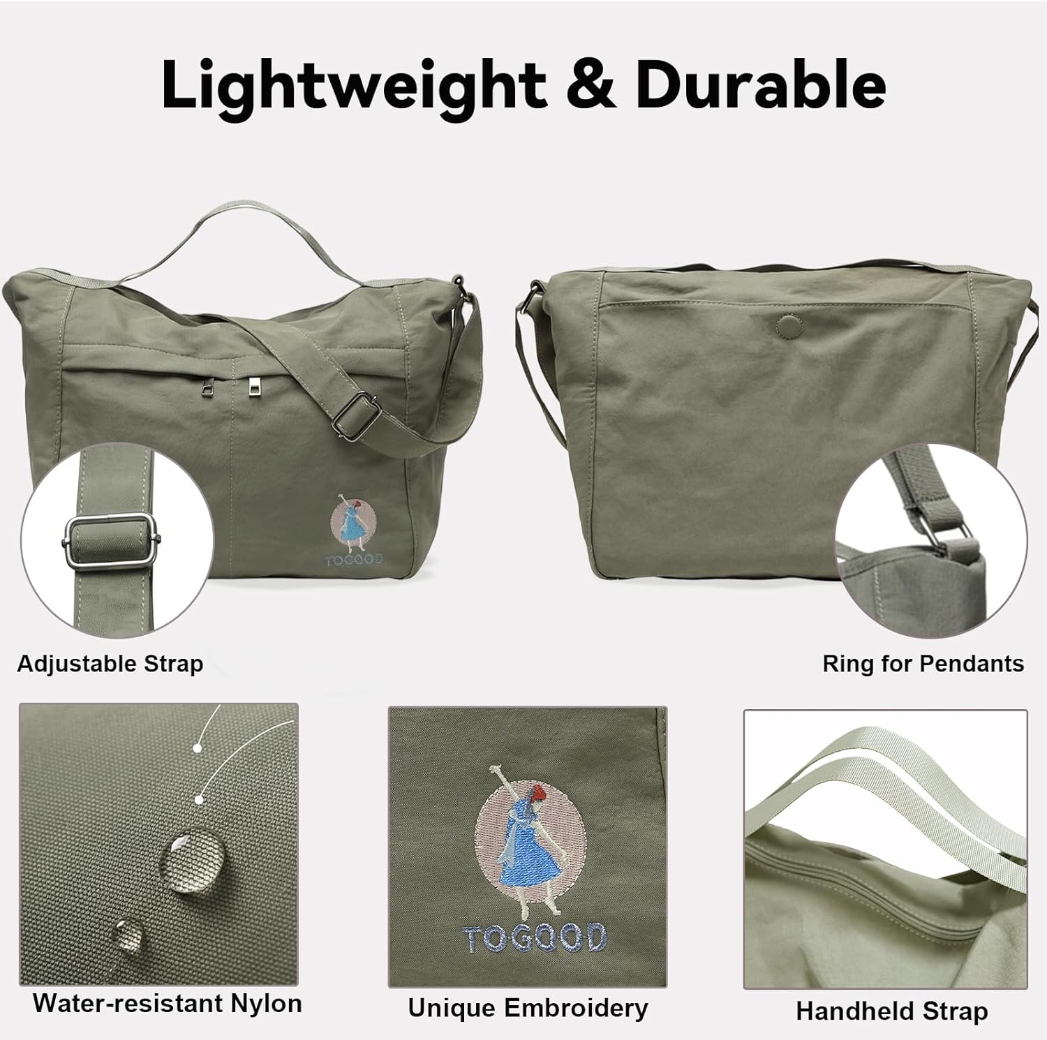 Togood Casual Crossbody Bags for Women Men, Large Tote Shoulder Bag Embroidery Hobo Purses, Lightweight Waterproof Purse