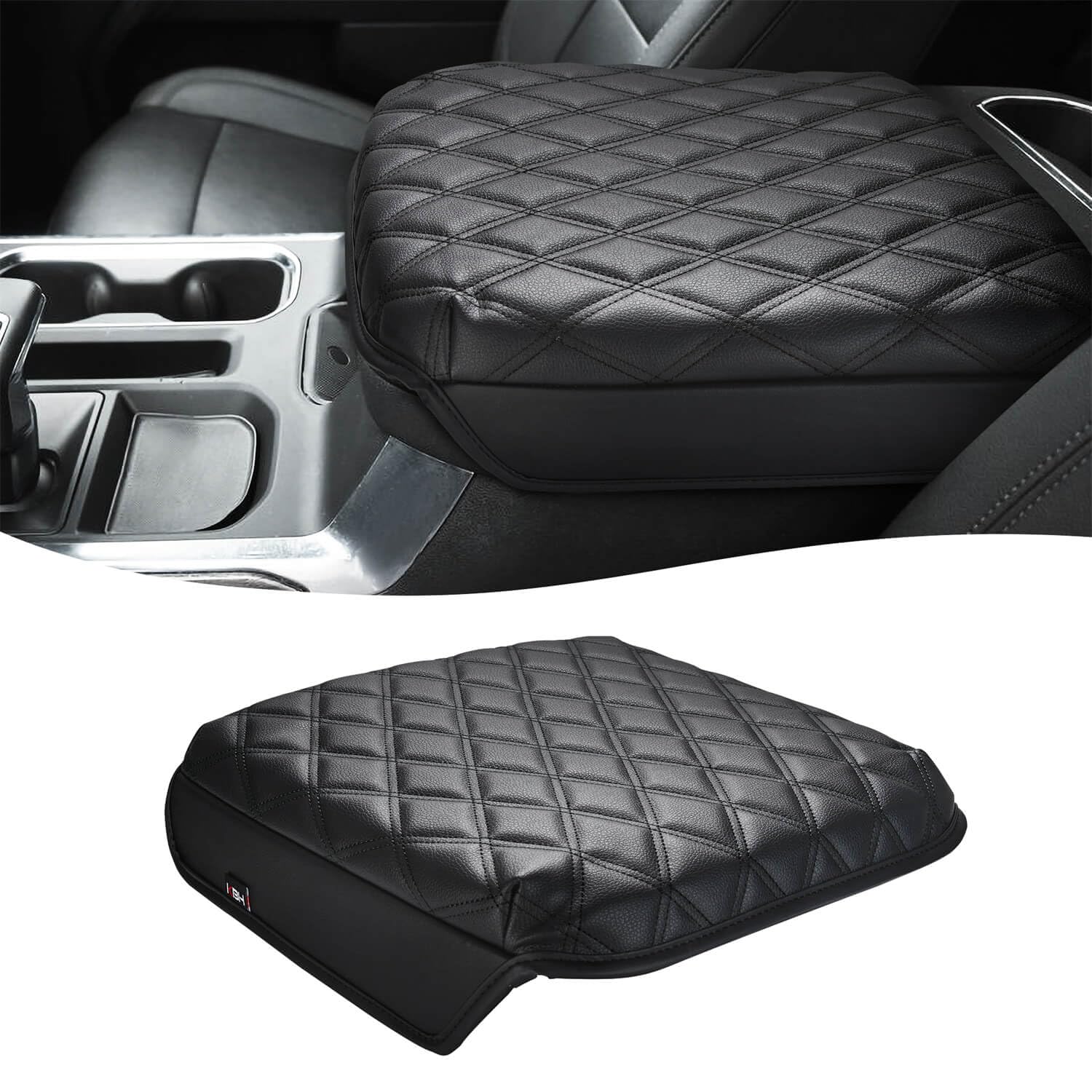 KBH Center Console Armrest Cover for Chevy Silverado & GMC Sierra 2019-2026, Tahoe & Suburban & Yukon 2021-2026, Vinyl Leather Trim, Bucket Seat, Black-Double Stitch