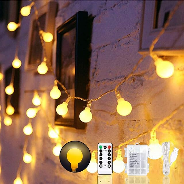 LED Globe String Lights, USB or Battery Powered 15m/49ft 100 LED Fairy Lights with Remote 8 Modes Waterproof Decorative Outdoor Indoor Lights for Christmas Holiday Bedroom Wedding - Warm White