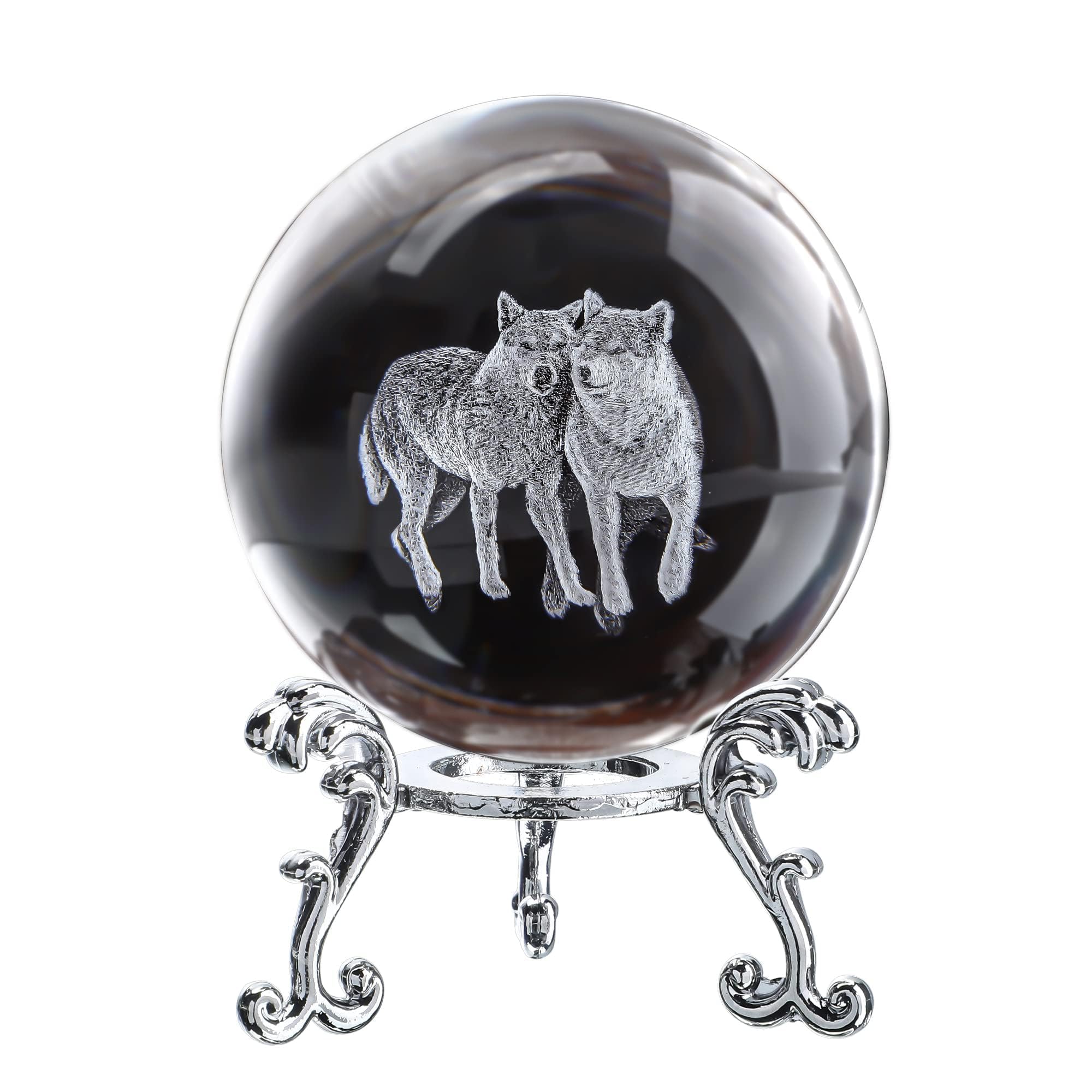 ZEERSHEE 60mm Wolf Crystal Decor Ball with Stand 3D Glass Laser Engraved Wolf Gifts for Wolf Lovers Decorative Glass Wolves Sphere Figurine for Home Office Paperweight