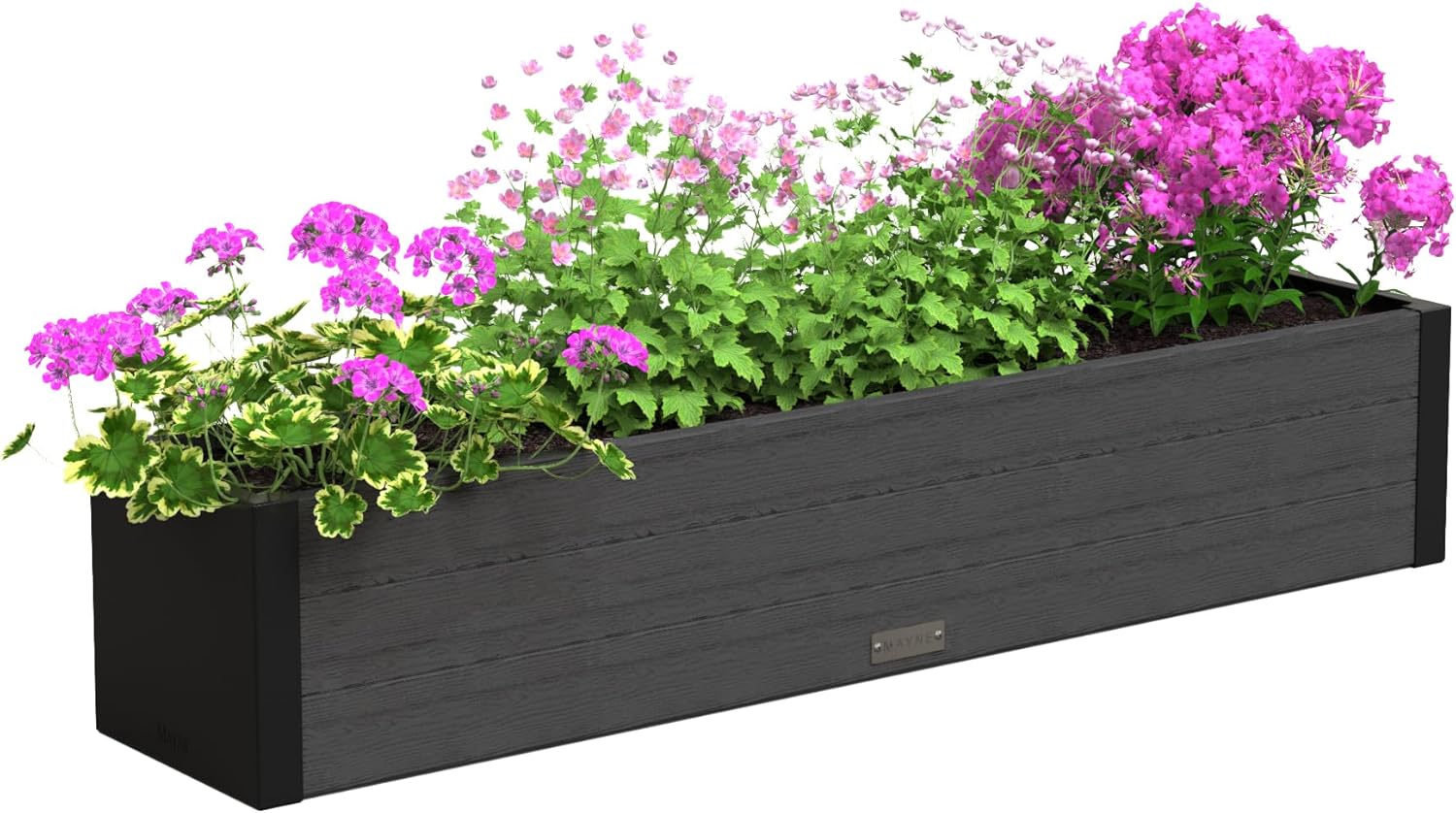 Mayne Horizon 4FT Window Box Planter – Modern Rectangular Faux Wood Grain Design for Windows, Durable All-Season Outdoor Flower Box with Drainage, Easy Installation