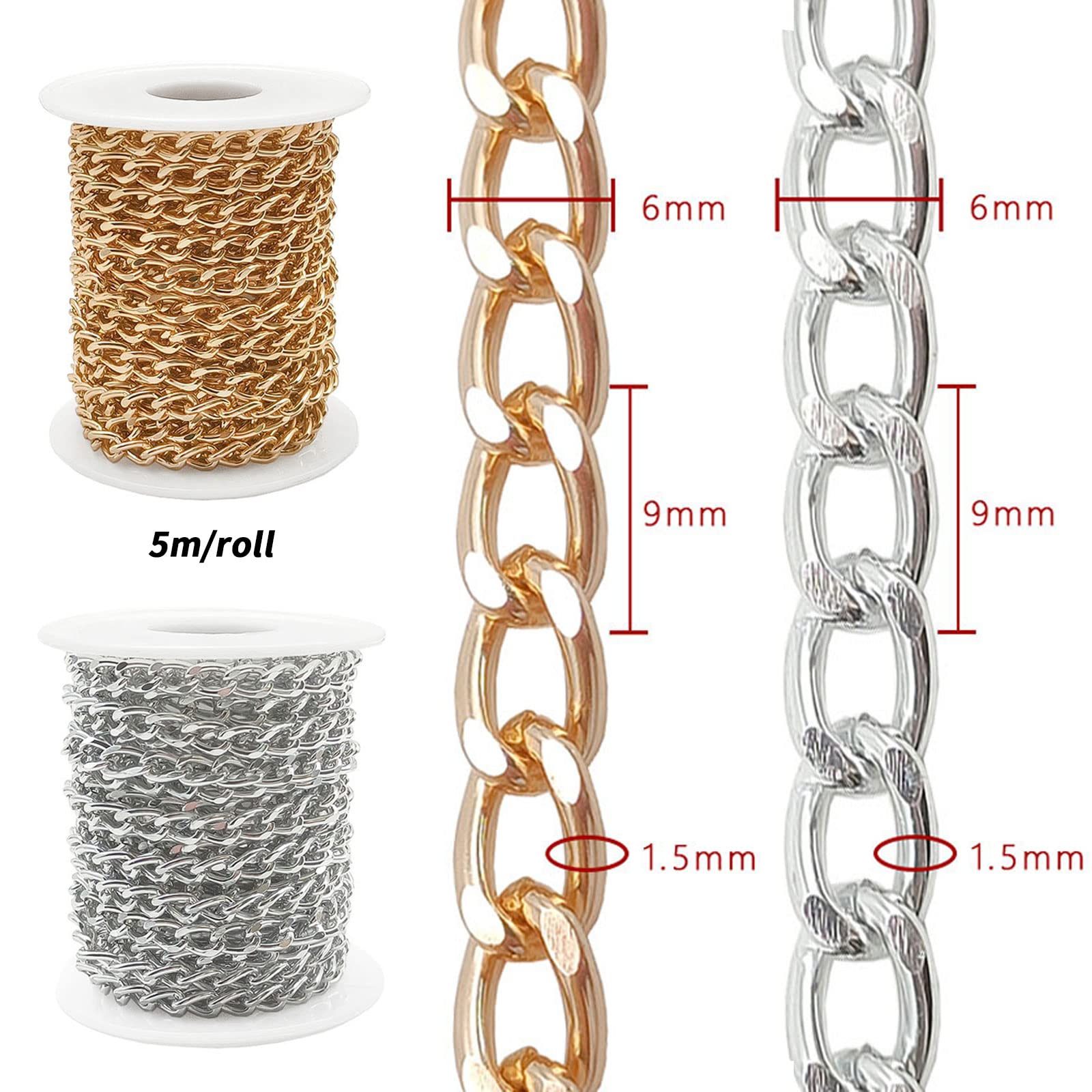 Catena In Alluminio Per Bigiotteria Fai Da Te - Rotolo Da 5m, Maglie Non Saldate, Argento