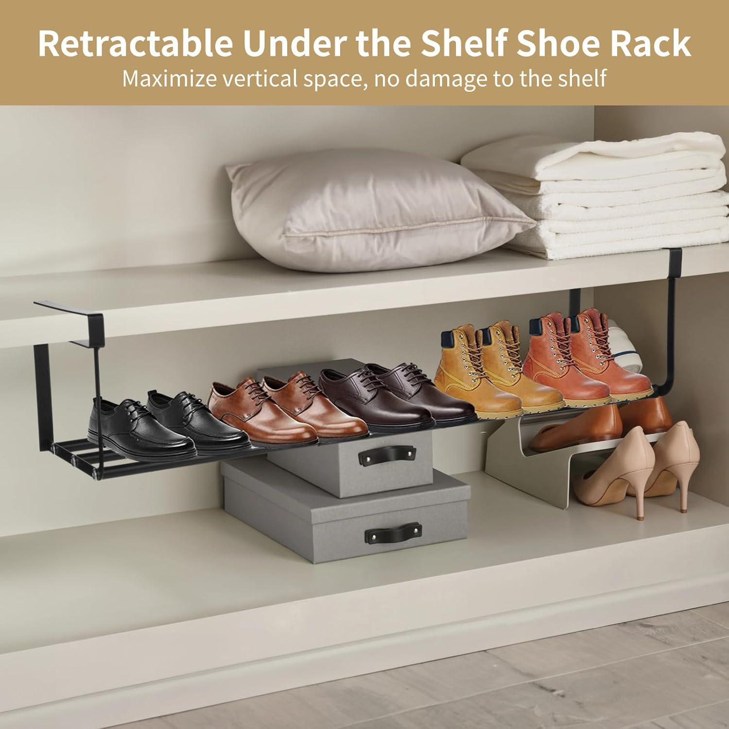 Adjustable Hanging Shoe Organizer Rack for Under Cabinet Use, Expandable Retractable Storage Shelf for Closet, Pantry, Or Kitchen Cabinets