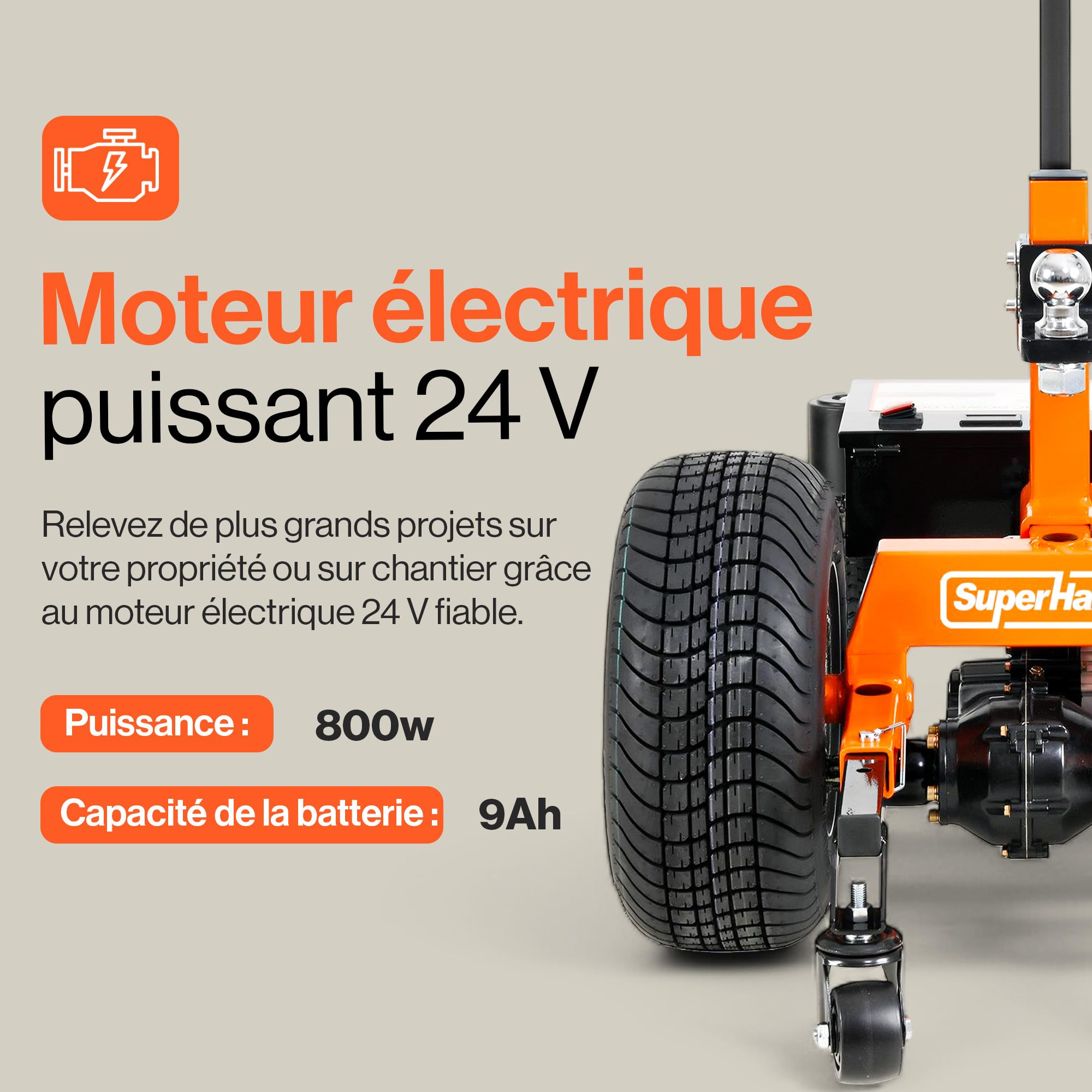 SuperHandy Chariot de remorque électrique, 3 400 kg, Moteur 800 W | Charge sur flèche max. 560 kg; batterie 7 Ah et boule d’attelage 50 mm pour déplacer remorques et caravanes