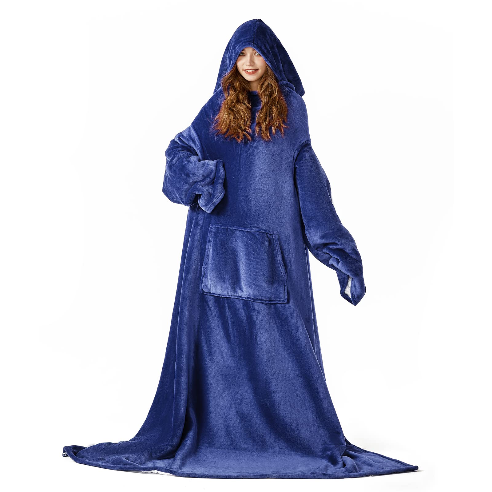 HOSUKKOHOSUKKO Sherpa Wearable Blanket with Sleeves Pocket and Hat, Extra Long Warm Soft Fleece Cozy Functional Blankets, Gifts for Women Girlfriend Mom Wife and Daughter.(Navy Blue)