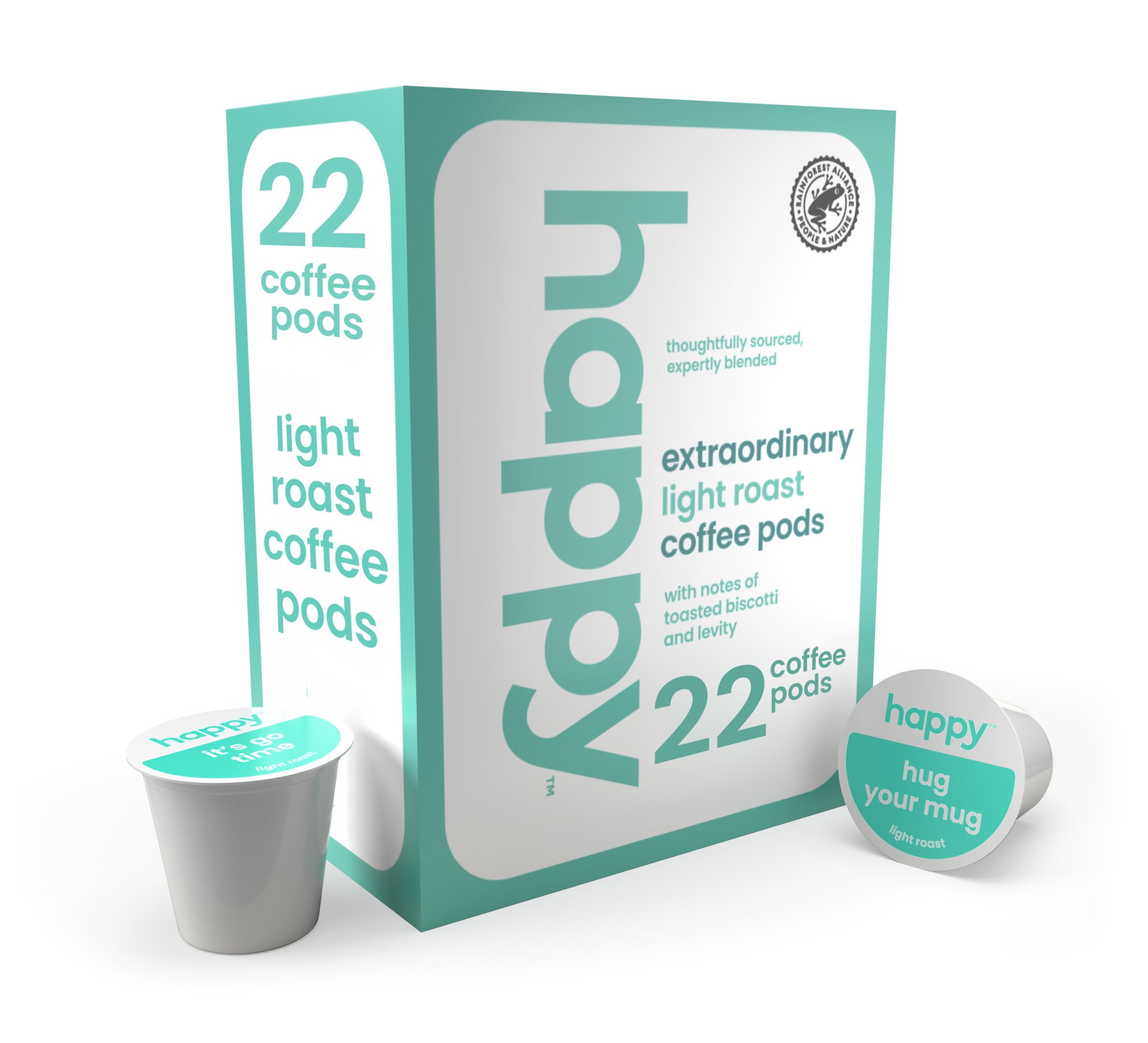 Happy Coffee - Cápsulas de café tostado ligero, 22 unidades, notas de galletas tostadas y levity, compatible con la mayoría de cafeteras K-Cup, certificado Rainforest Alliance